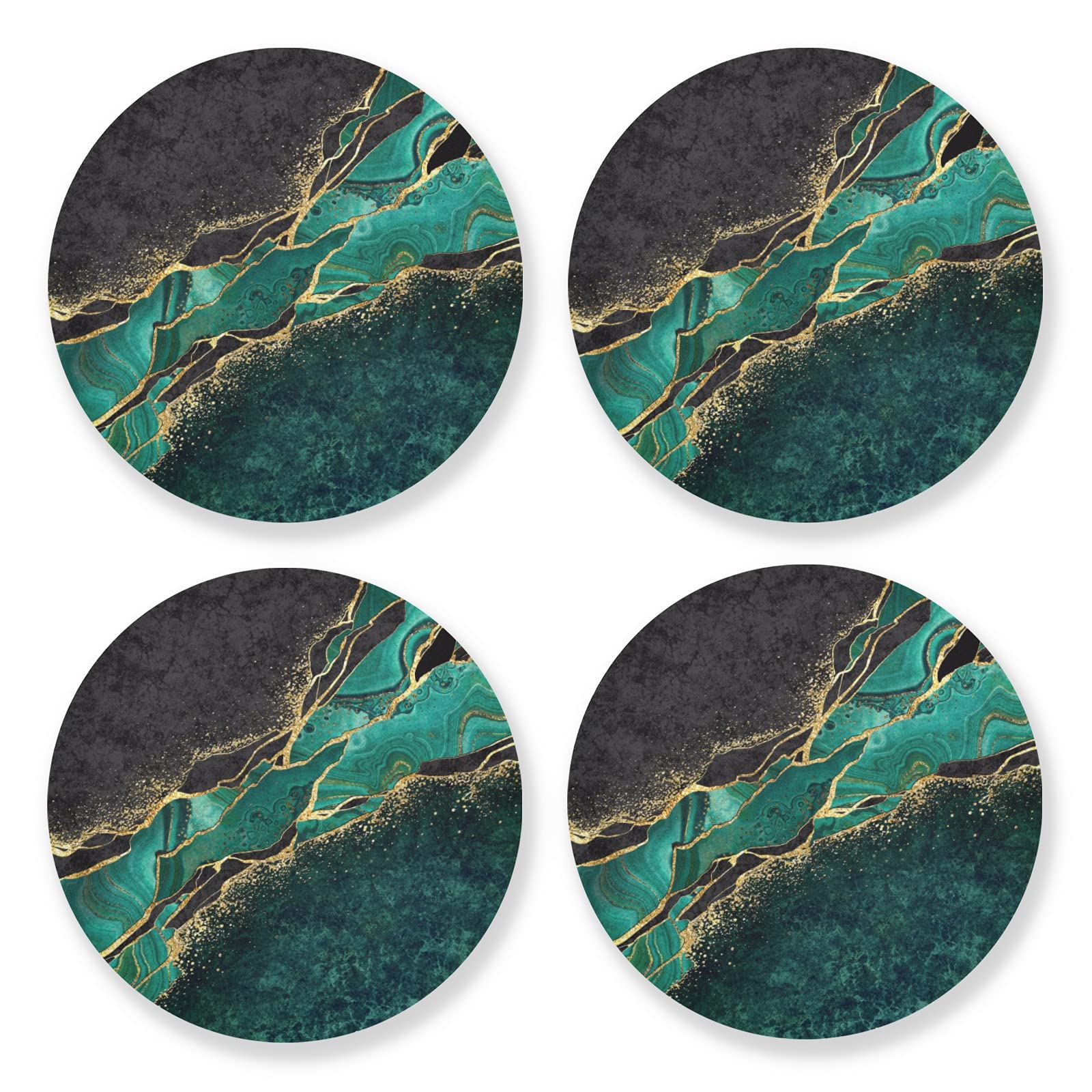 Poeticcity Multi 8 Black Teal Marble Green Malachite With Golden Veins Gold Spots 4 Set Wood Mug Coaster, Cup Mat Pad For Kinds Of Mugs, Oversize Stone Coasters Holder With Cork Base Housewarming Drinks Gifts