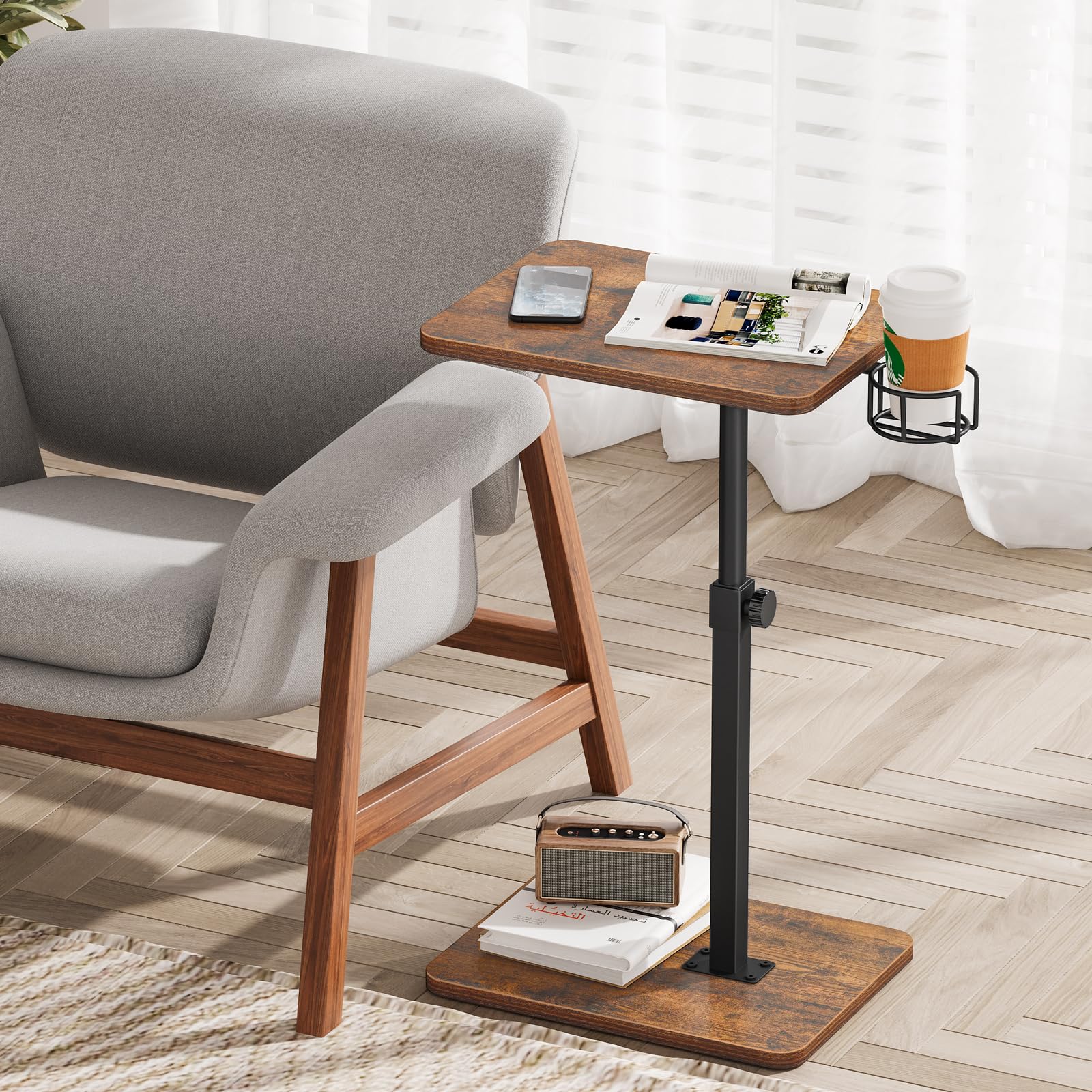 Giikin TV-Tablett, 360° drehbar, höhenverstellbar, TV-Tabletts zum Essen auf der Couch, Sofa-Armlehne, Beistelltisch für kleine Räume, Sofa, Bett, Abendessen, rustikales Braun