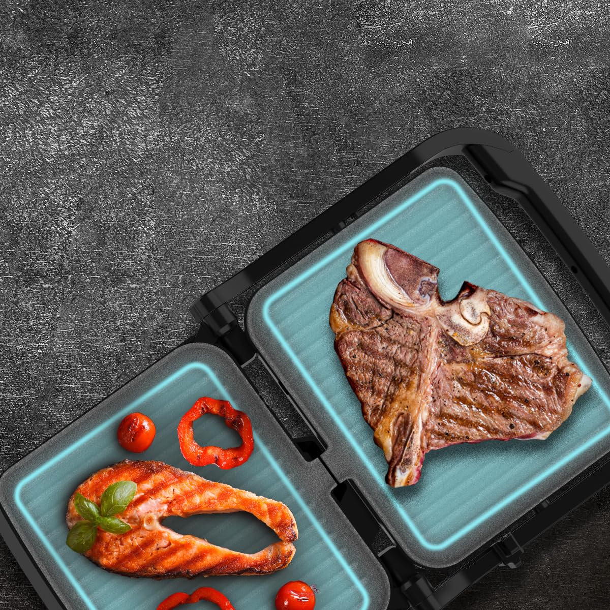 Cecotec Gril Électrique avec Grill Rock'nGrill 2000 Full Open. 2000W, Ouverture 180º, RockStone Antiadhérent, Plaque Flottante, Bac Récupérateur de Graisse, Rangement Vertical, 279x229 mm