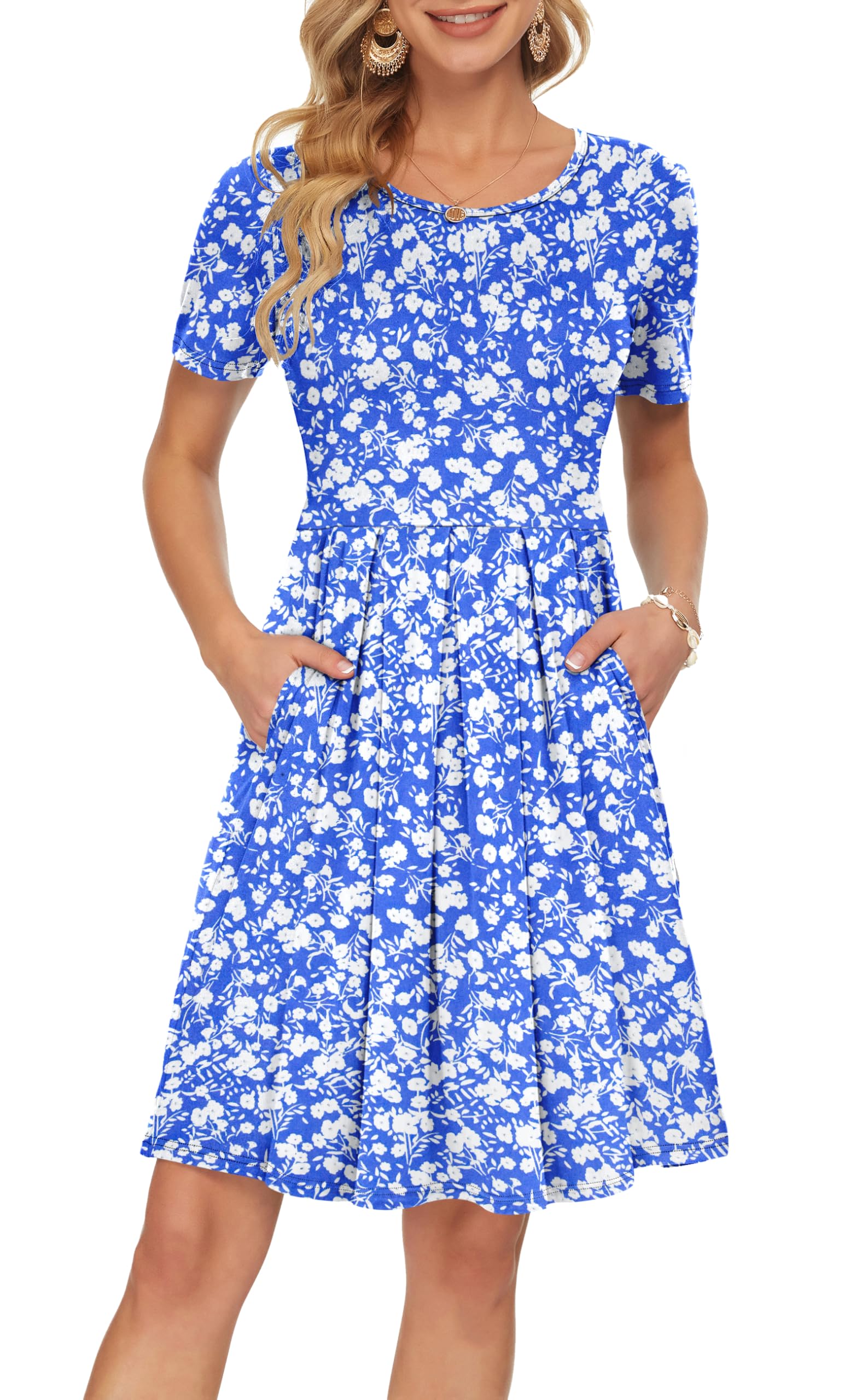 AUSELILY Women's Short Sleeve Summer Dress Pleated Loose Swing Knee Length Dresses with Pockets 2026 New