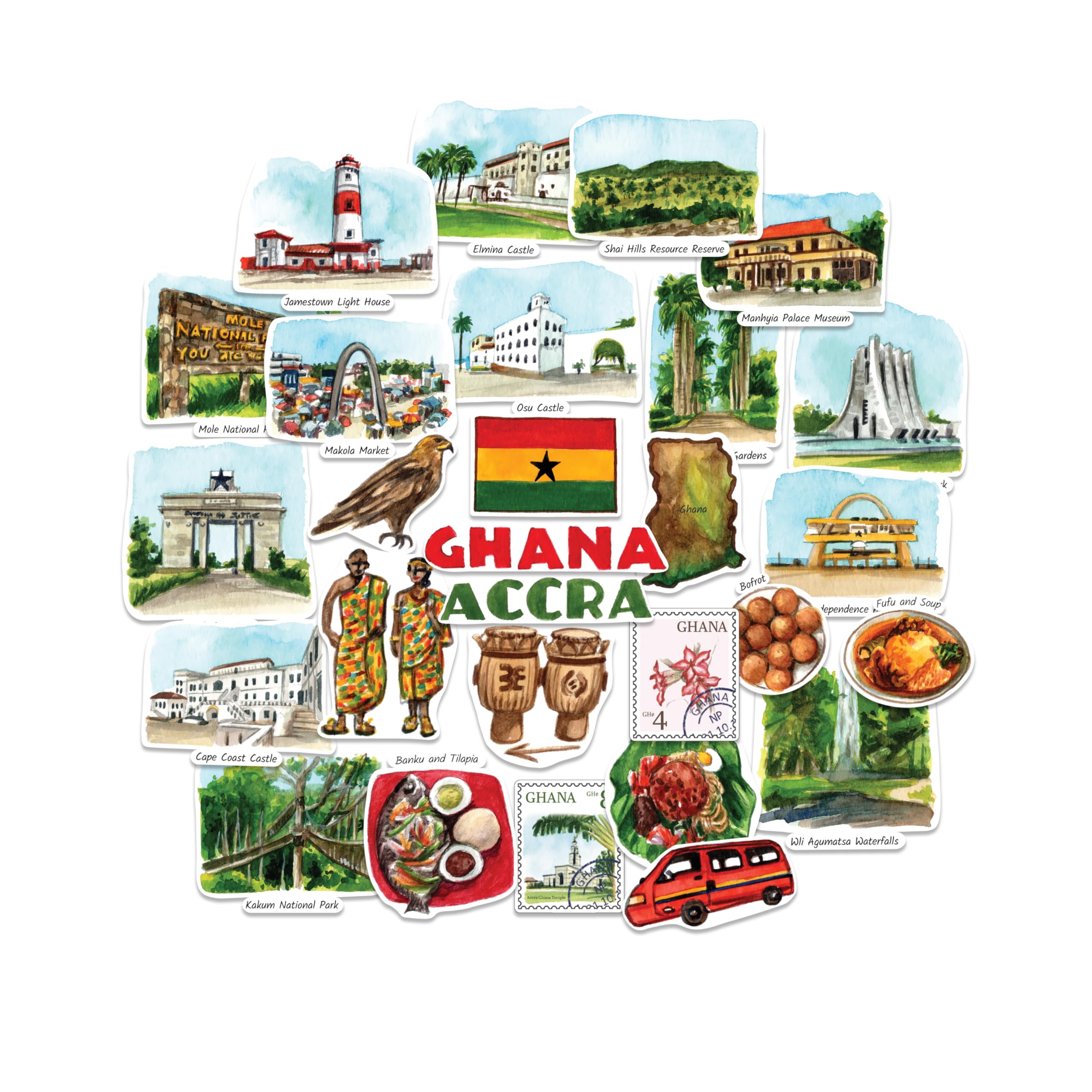 Navy Peony Gracious Ghana Travel Stickers (28pcs) – Africa, Accra, Ghanaian-Themed Vacation Decals, Heritage Souvenirs for Journals & Scrapbooks