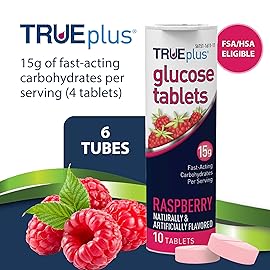 TRUEplus Glucose Tablets, Chewable, Raspberry Flavor, 15g Fast-Acting Carbohydrates, Fat Free, Gluten Free, Raise Low Blood Sugar and Boost Energy, 10 Count, 6 Tubes