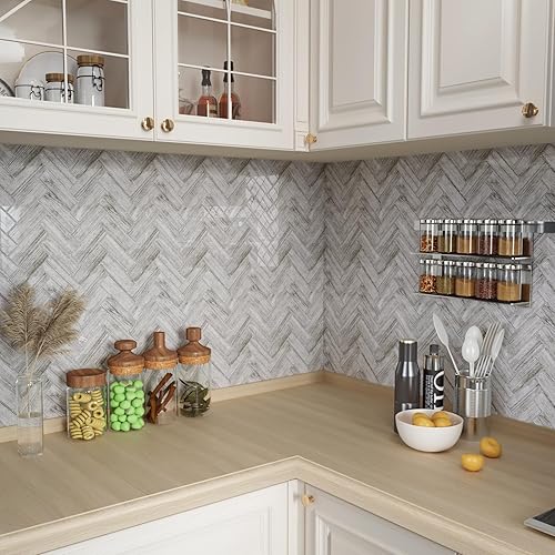 Miniatura 4 de CRE8TIVE 4 hojas de azulejos de espiga para despegar y pegar contra salpicaduras para cocina y baño, 12 x 12 pulgadas, autoadhesivas, azulejos de