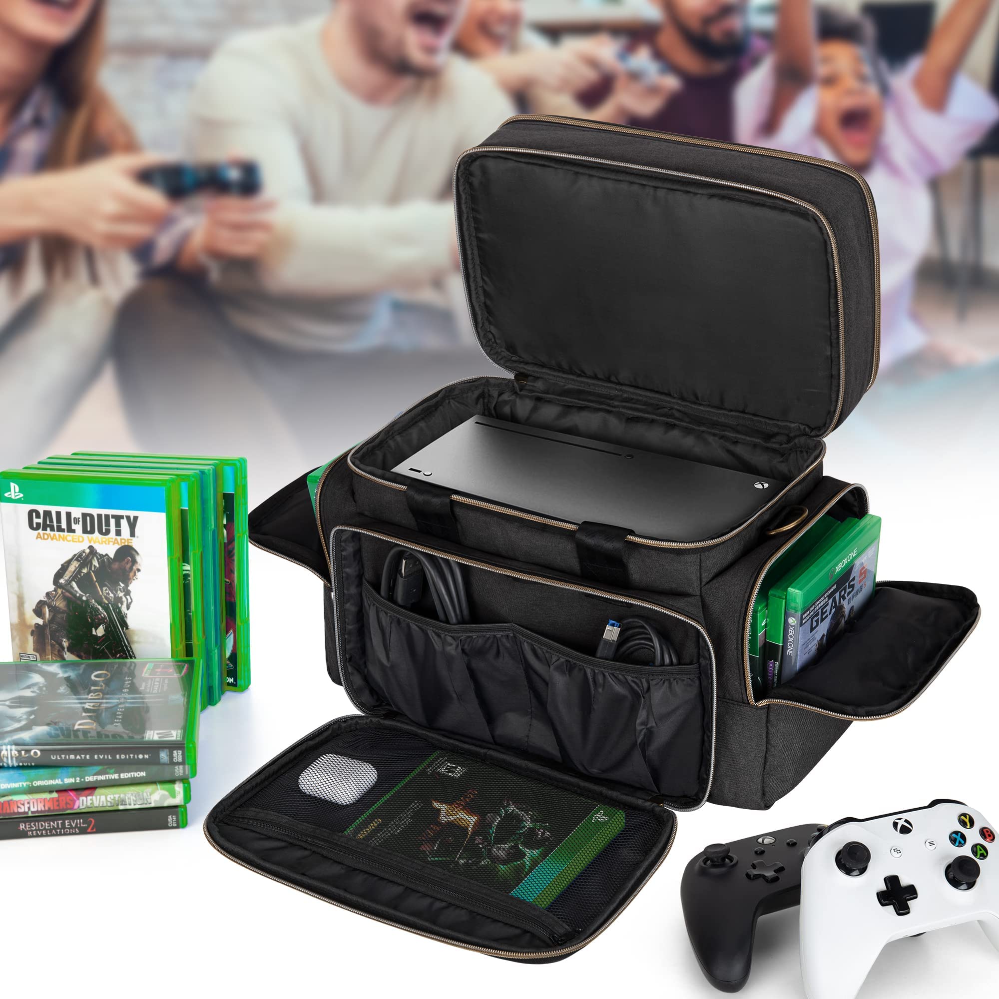 Trunab Borsa da Viaggio per Console Compatibile con Xbox Series X, Borsa a Doppio Strato con Molteplici Tasche per Controller Xbox, Giochi, Cuffie, Cavi, Hard Disk Portatile e Altri Accessori, Nero