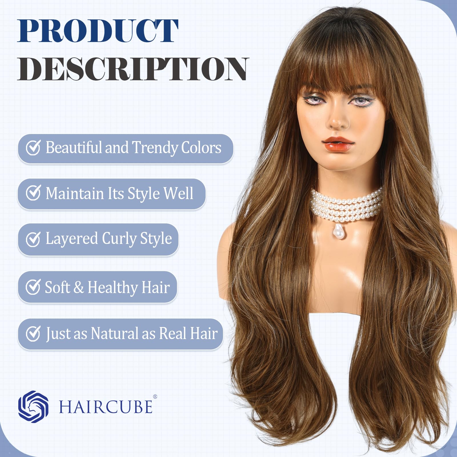 HAIRCUBE Long Ombre Brown con Highlight Parrucca con Bangs Perrucche ricce a strati per donne Parrucche sintetiche naturali per uso quotidiano (pelucas de cabello naturale)