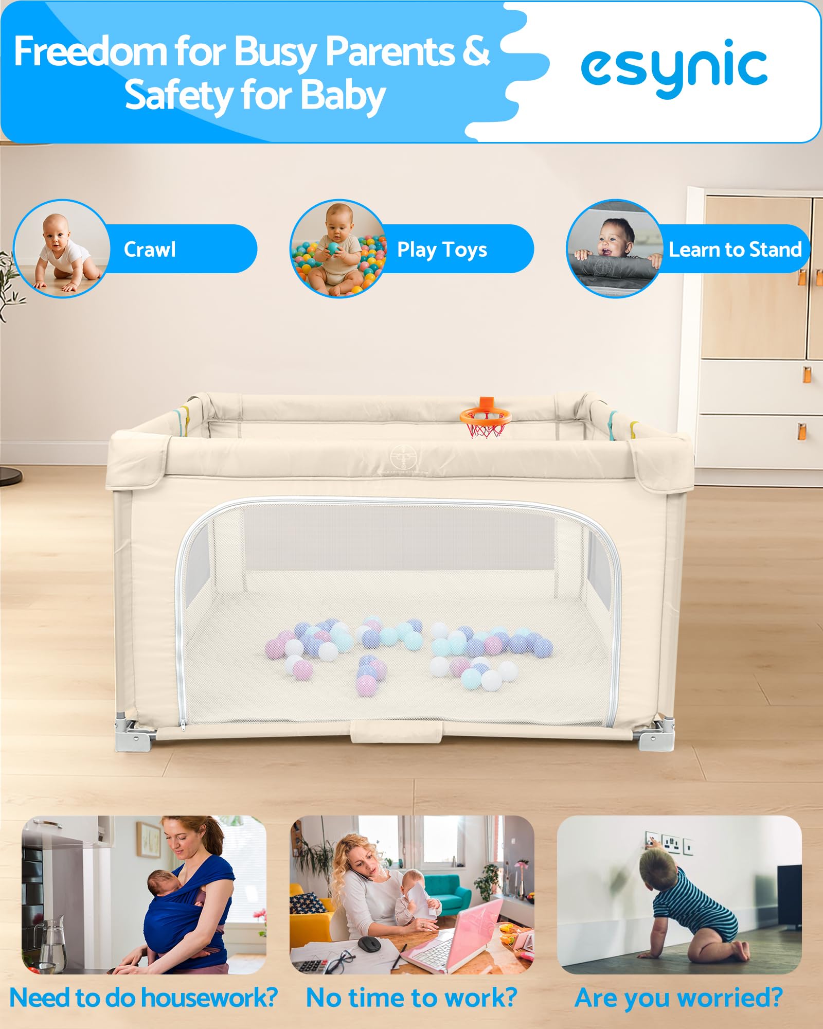 eSynic Parque Bebé Plegable 127x127cm Corralito Bebé Grande Playpen Bebé Interior Exterior Centro Actividades con Colchoneta Acolchada 50 Bolas Piscina Estructura Metal Asas y Canasta Portátil Beige