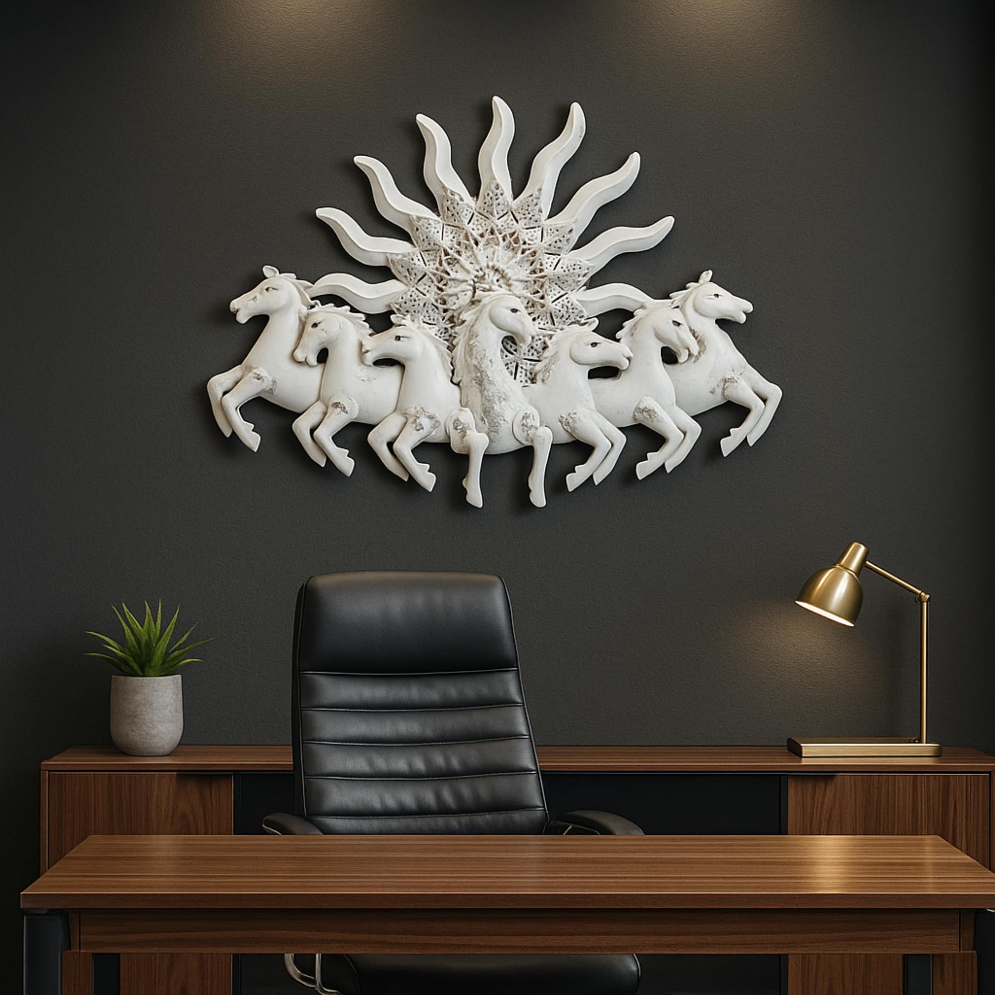ZXC Decorative Wall Art, White Running 7 Horses with Sunburst