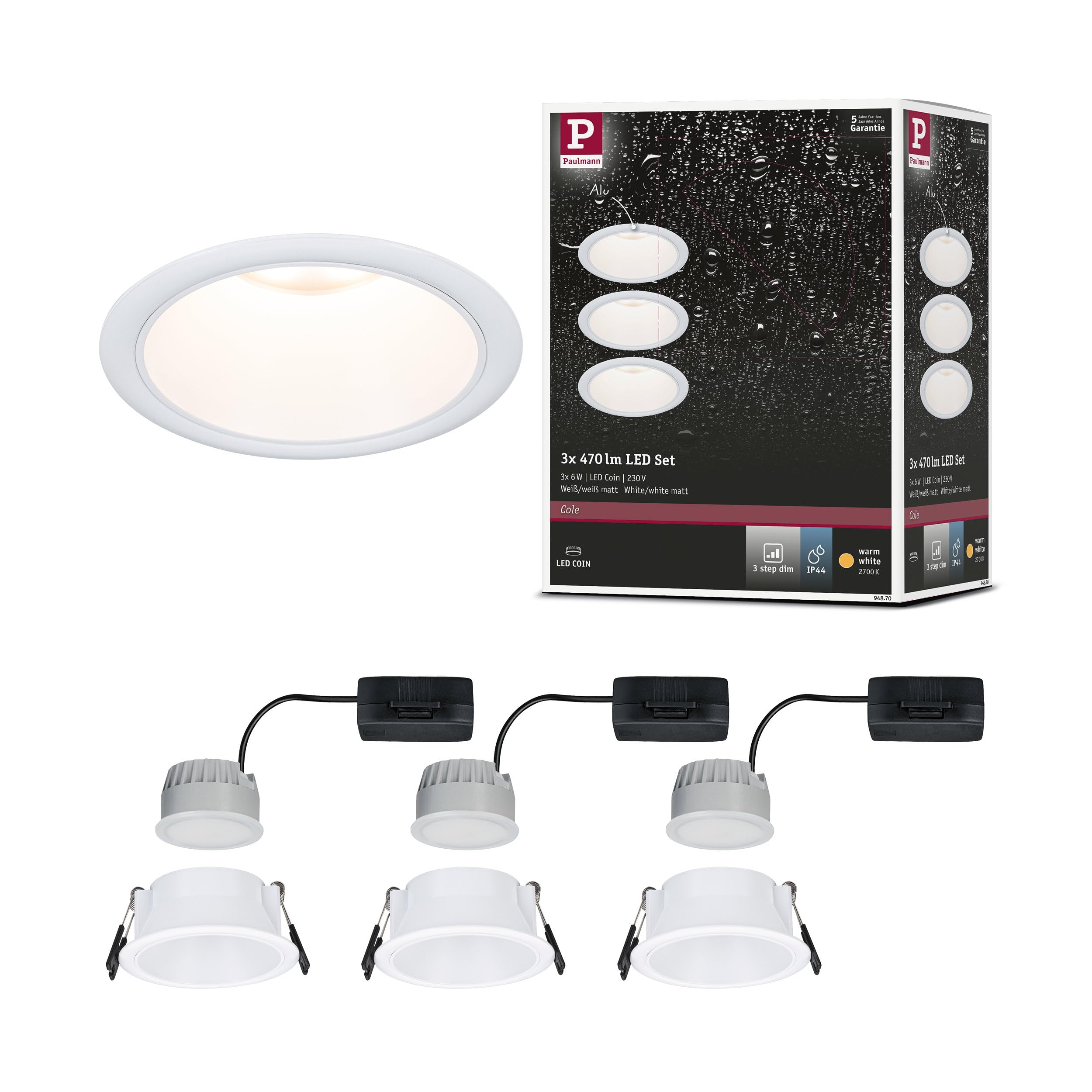 Foco empotrable LED 3-Step-Dim Cole Paulmann IP44 redondo blanco 2700K Coin 230V set de 3 8