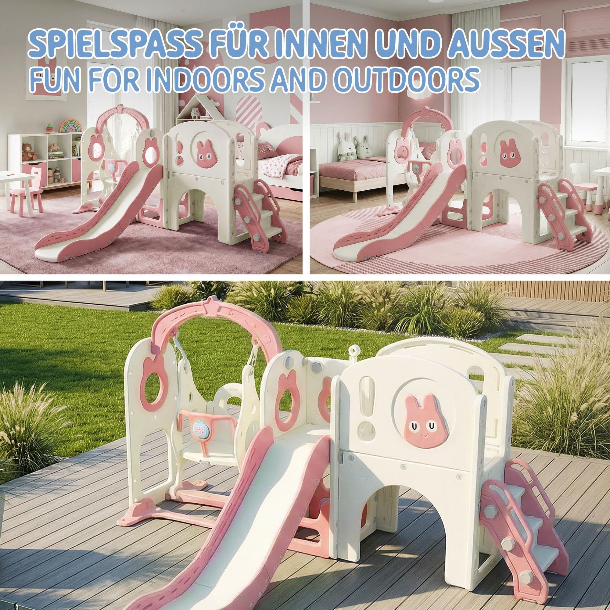 Joyz Scivolo con Tunnel per Bambini 6 in 1, Parco Giochi Interno/Esterno con Altalena, Scala da Arrampicata, Canestro da Basket e Telescopio, Set da Gioco con Scivolo Rosa/Bianco, da 3 Anni