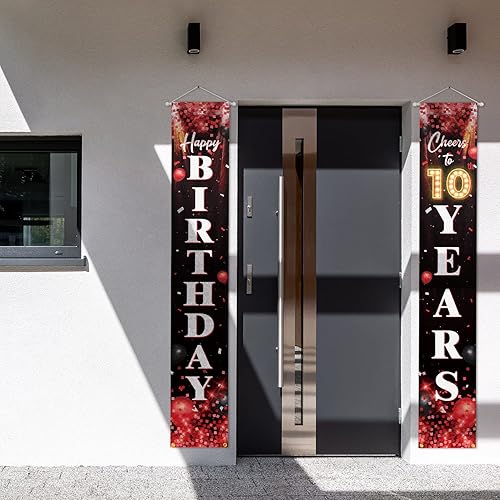 Miniatura 3 de Letrero de feliz cumpleaños número 10 para puerta, color rojo y negro, decoración temática de fiesta de cumpleaños con purpurina para niños y niñas,