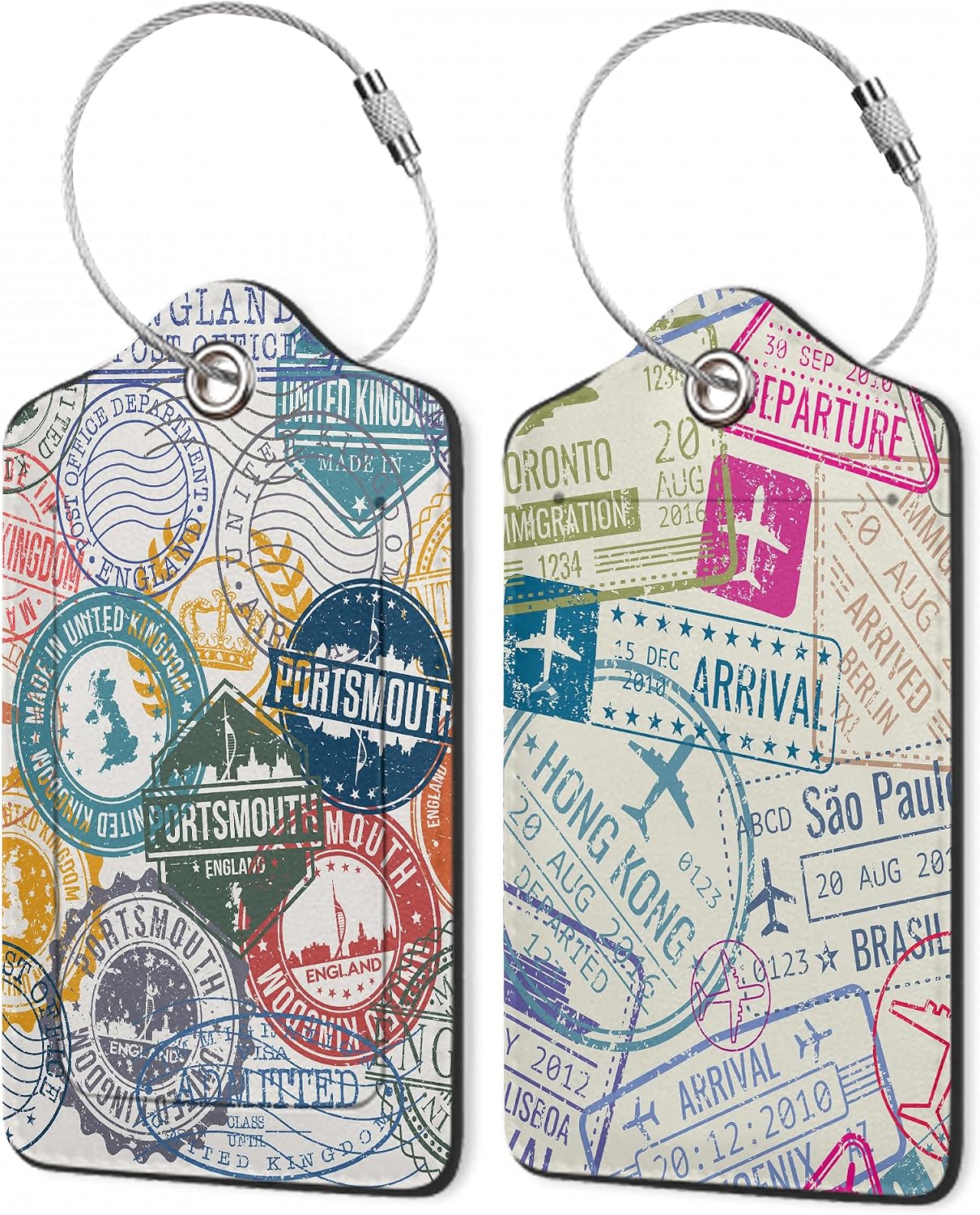 Travel Stamp PU Lether Luggage Tags,2 Pack PU Cute Suitcase Tags with Stainless Steel Loop and Address Card Baggage Tag for Travel