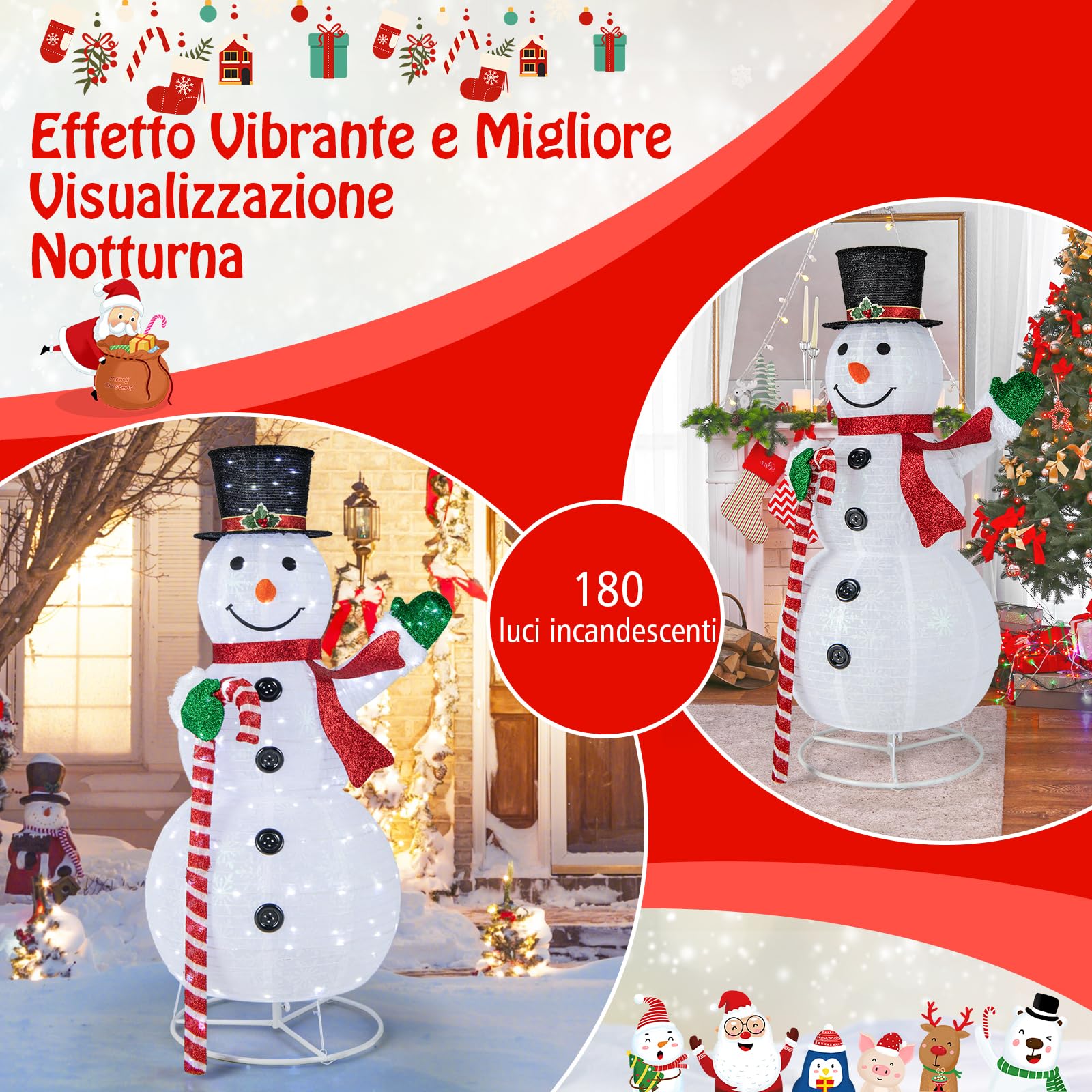 COSTWAY Pupazzo di Neve Luminoso da 150 cm, Decorazione Natalizia con 180 Luci LED, Cappello, Sciarpa, Decorazione Natalizia per Interni ed Esterni per Feste, Balcone, Giardino