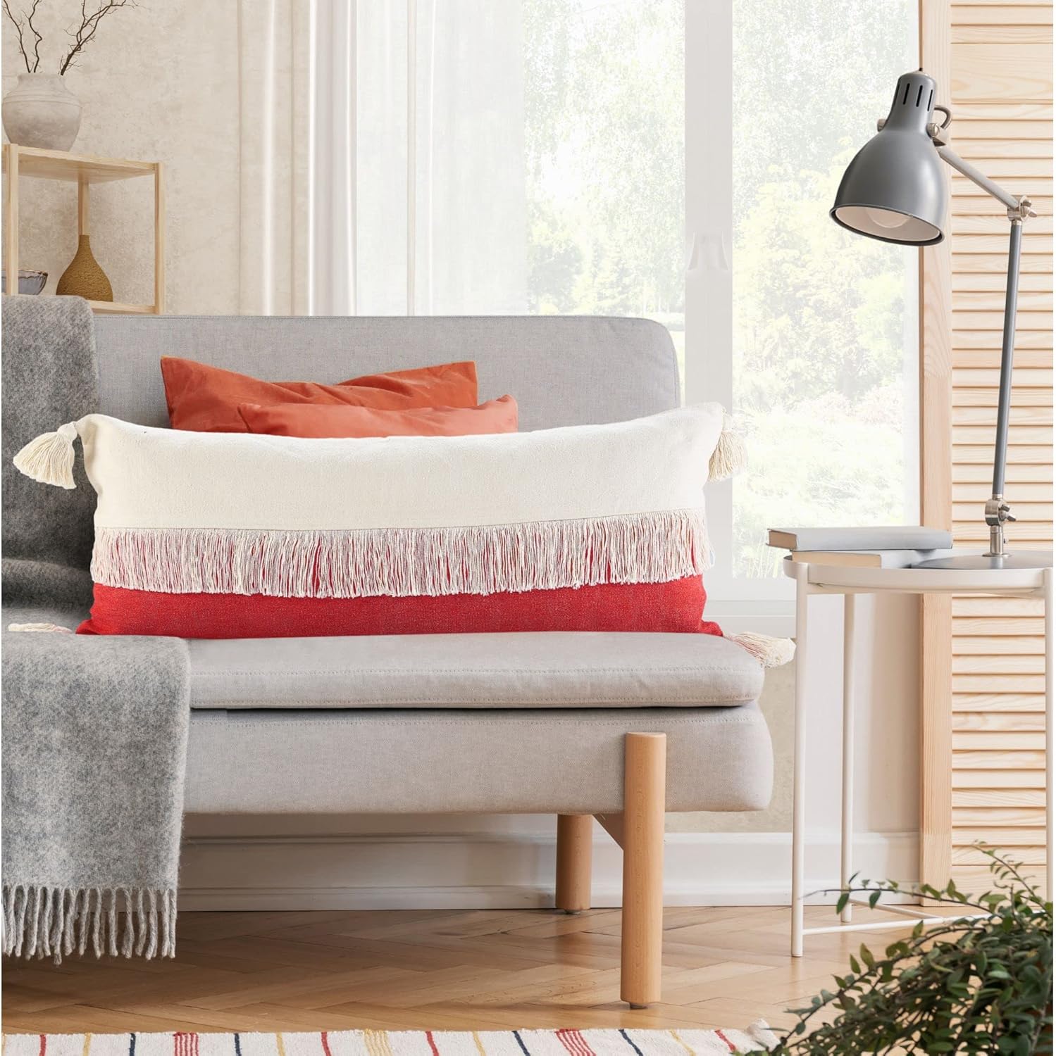 CC Home Furnishings 36" Red and White Fringe Color Block Lumbar Throw Pillow