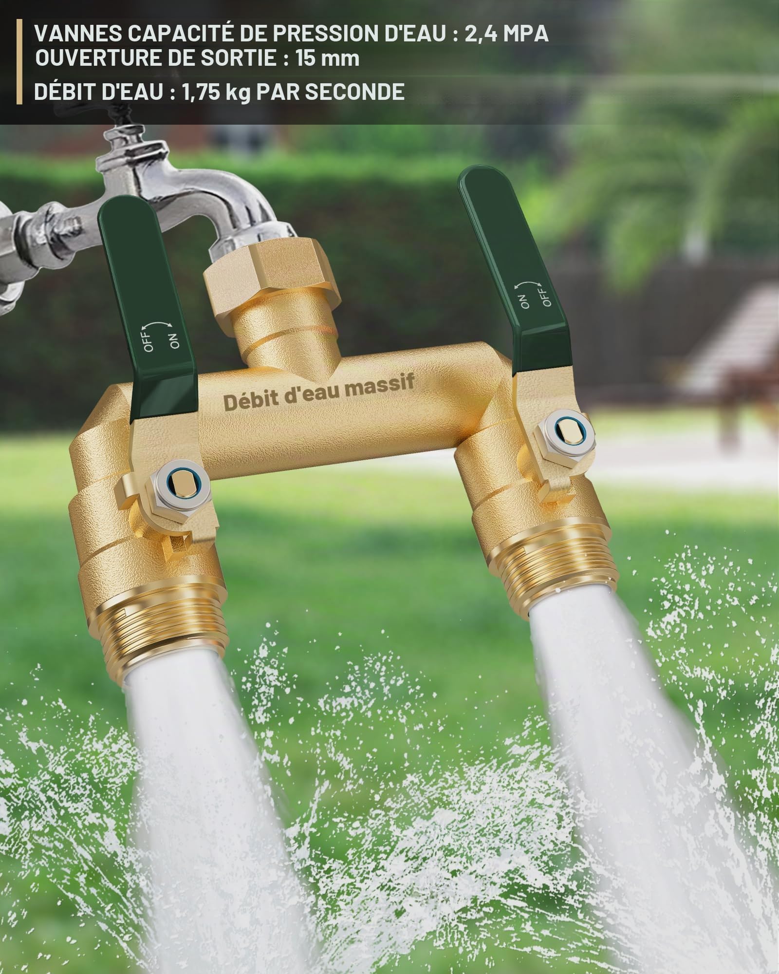 Distributeur 2 Voies, Robinet Double Machine a Laver, Adaptateur Robine, 2 Voies Diviseur de Tuyau Arrosage, Filetage de 3/4Pouce, Débit d'eau Réglable et Verrouillable-Poignée Verte