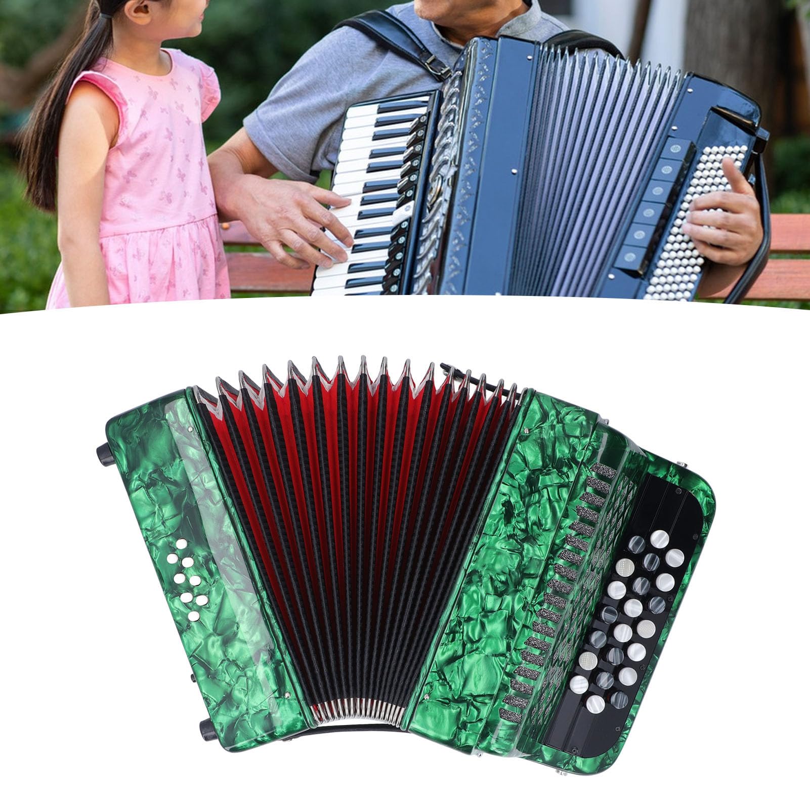 Sorandy Fisarmonica a 22 Tasti 8 Bassi, Strumento Musicale Professionale a Fisarmonica con Bottoni Sensibili Allo Scivolamento con Tracolla per Spettacoli Professionali Ed Esami (GREEN)