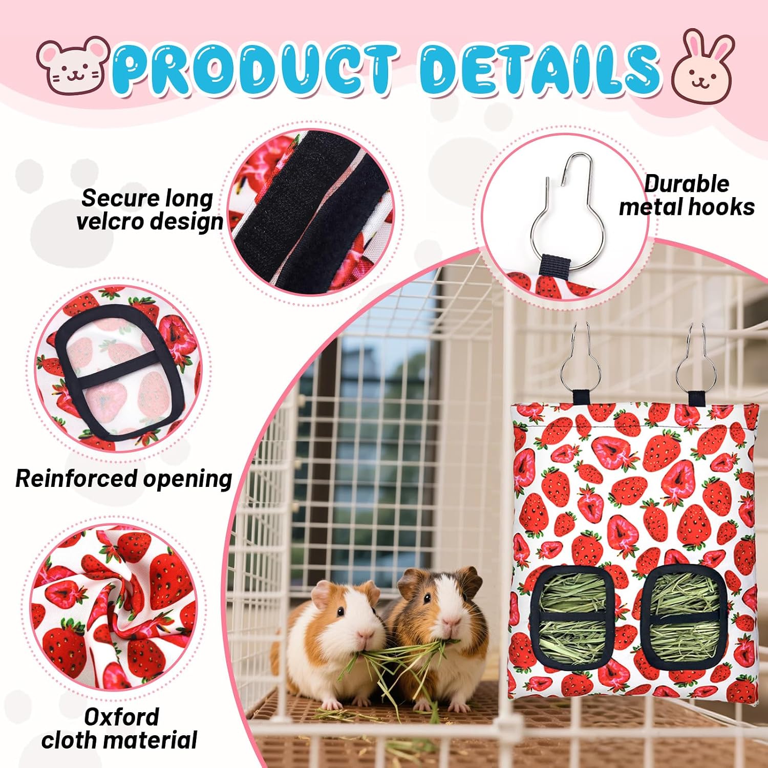 3 Pcs Rabbit Hay Feeder, 2-Hole Hanging Guinea Pig Hay Bags Washable Bunny Hay Bag for Rabbits, Chinchillas, Hamsters, Small Pets and Animals (11.8"×8.7") image 3