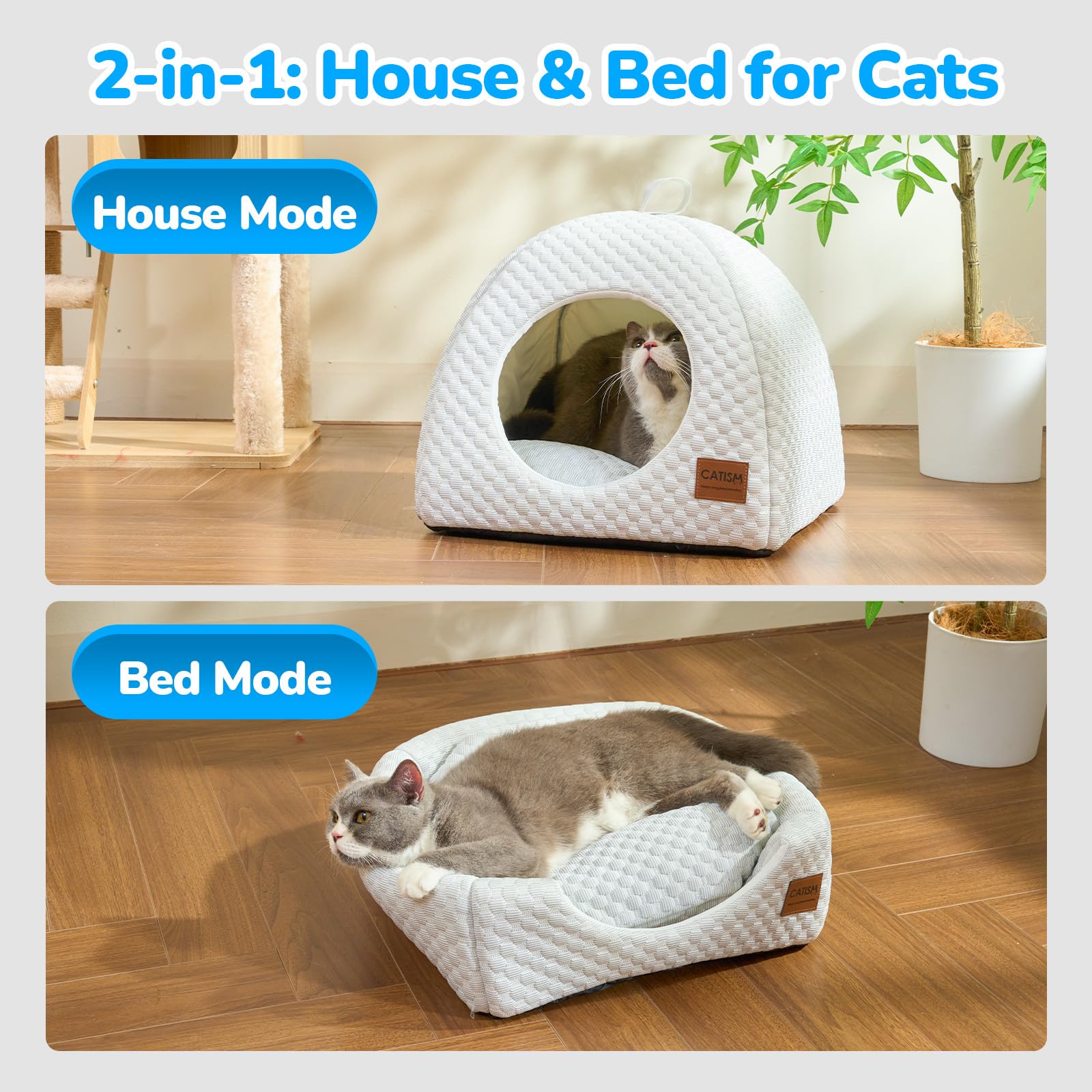 CATISM Niche Rafraîchissante pour Chat | 2 en 1 Lit Rafraichissant Chat d'intérieur Lavable en Machine Pliable avec Tapis Rafraichissant Coussin | Maison pour Chats et Chiot | Blanc Gris