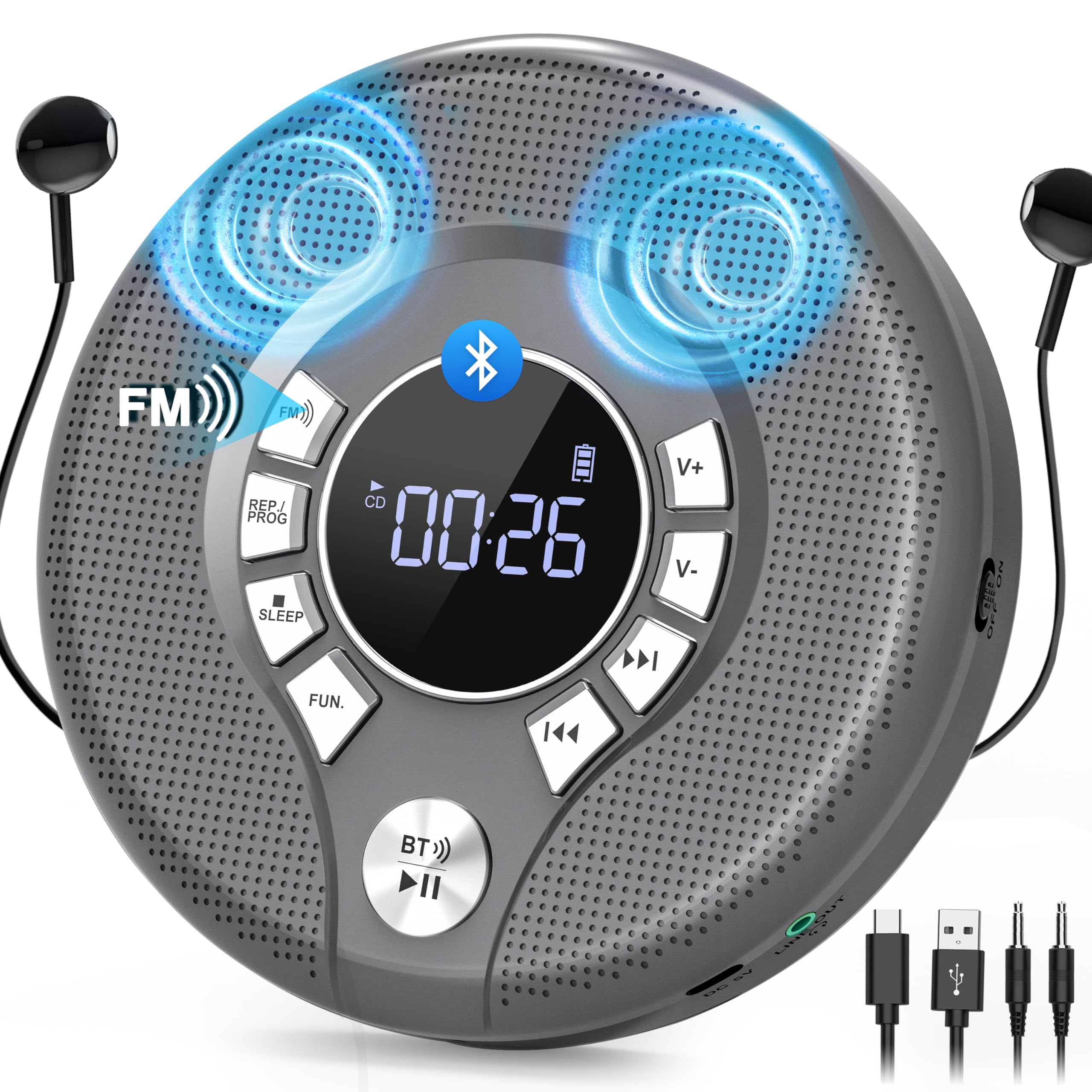 Greadio Portable Discman CD Player Anti-Skip Protection 4 EQ Sounds Walkman Player, TF Card/AUX Output Small Music Player, Compatible with CD, CD-R, CD-RW and MP3 for Home (Brown)-image-46