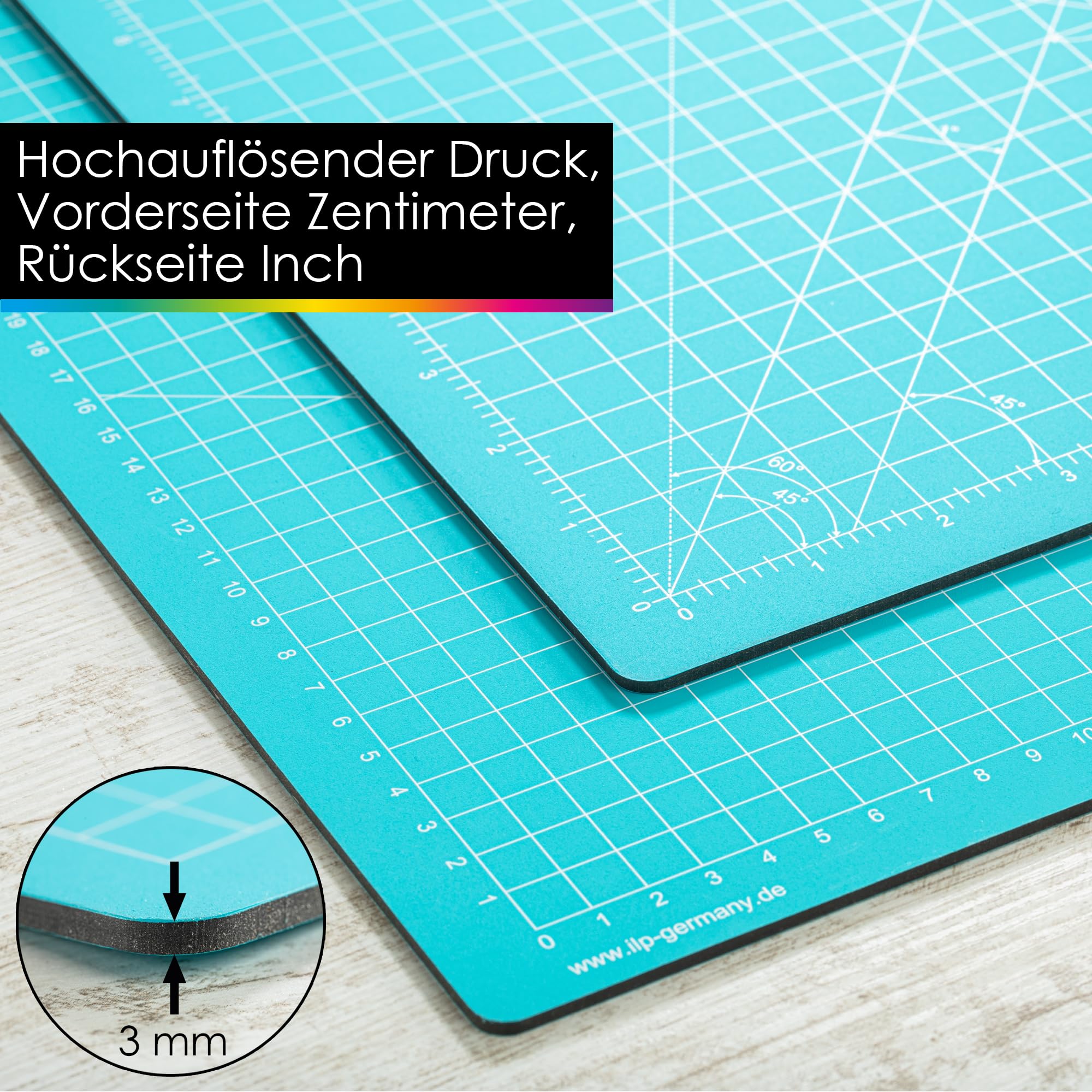 OfficeTree Schneidematte Set A1 90x60 + Rollschneider + Patchwork Lineal 30x30 cm - Schneidematte A1 Selbstheilend - Schneiderlineal Schneiderunterlage und Rollschneider Set - Schneidunterlage nähen