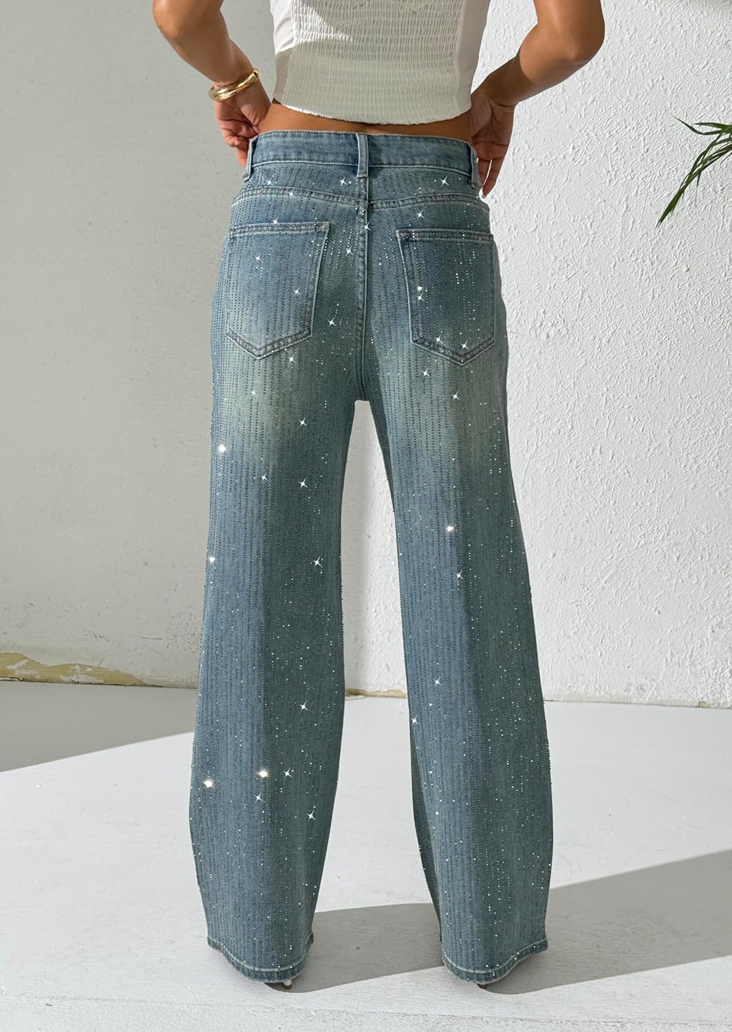 heipeiwa Women's Rhinestone Jeans Wide Leg Denim Pants High Waist Sparkle Shiny Glitter Sequin Trouser Outfit - Image 4