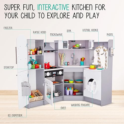 Miniatura 2 de Lil' Jumbl Juego de cocina de esquina para niños, cocina de lujo de madera de simulación, máquina de hielo a pilas, estufa y grifo con sonido