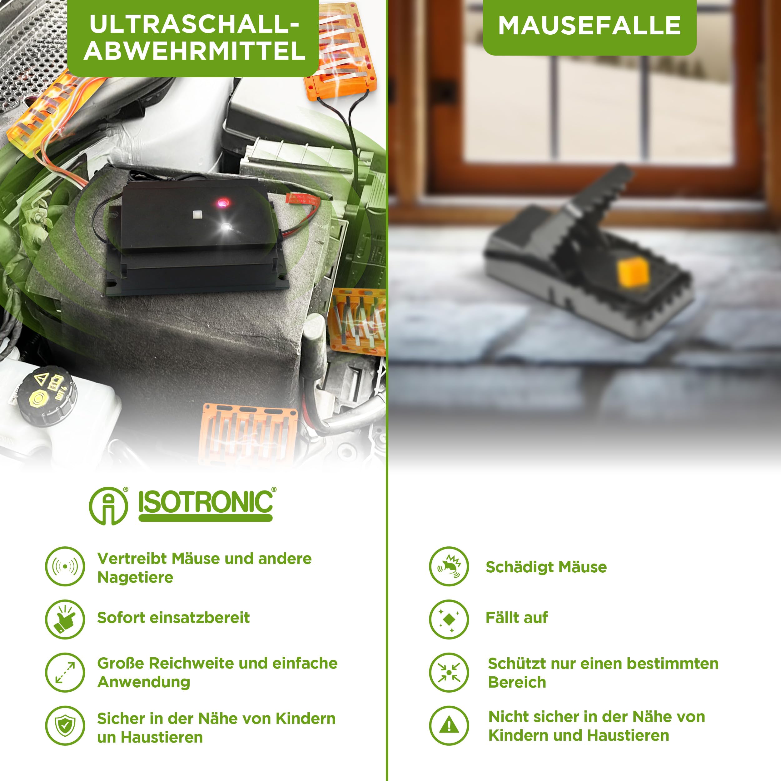ISOTRONIC Marderschreck Auto – Marderabwehr zum Anschluss an 12V Autobatterien – Marderschutz mit Hochspannung, LED-Blitzlicht & Ultraschall – Marderschock Wasserdicht & CAN-Bus geeignet (1 Stück)