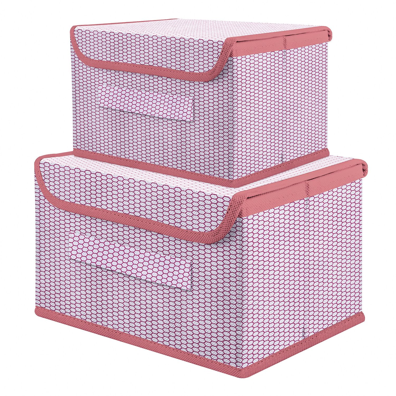 Kuber Industries Drawer Storage Box | Zig Zag Storage Box With Lid | Non-Woven Clothes Organizer | Storage Box with Handle | S | M | Pack of 2 | Pink