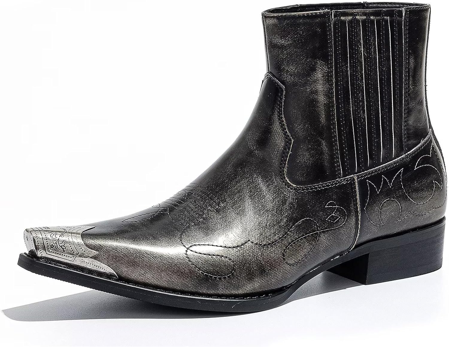 Men's Chelsea Boots with Floral Jacquard Fabric and Silver Toe Cap Slip On Dress Boots for Stage, Party, Fashion, Casual, Stylish Shoes