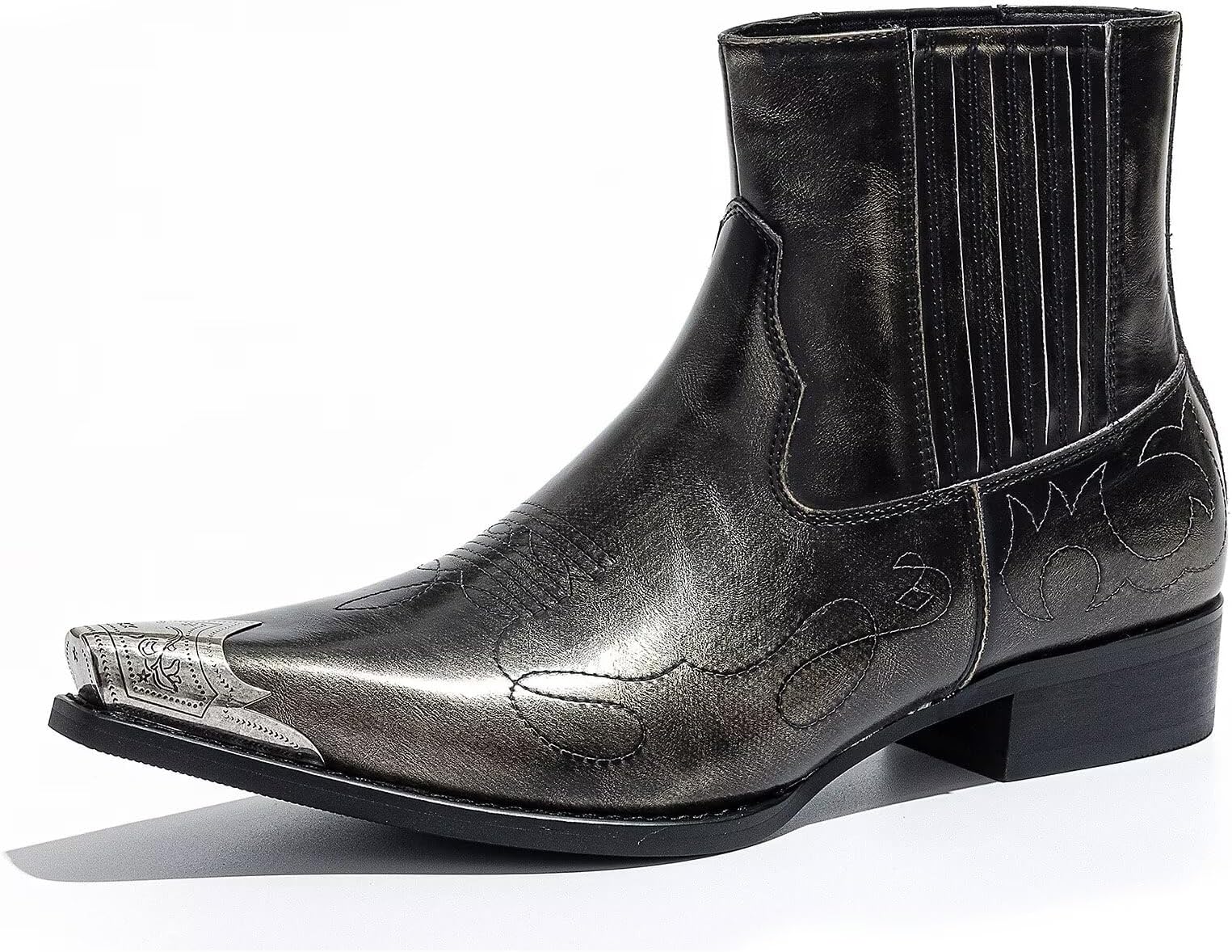 Men's Chelsea Boots with Floral Jacquard Fabric and Silver Toe Cap Slip On Dress Boots for Stage, Party, Fashion, Casual, Stylish Shoes