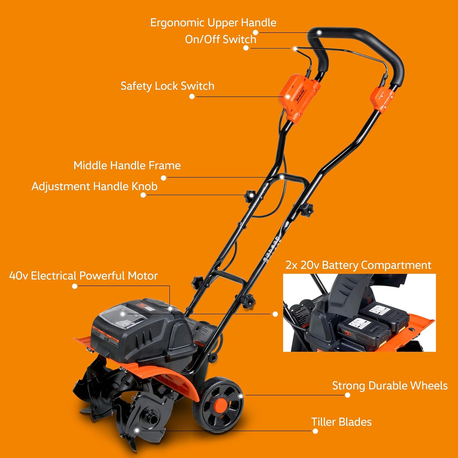 SuperHandy Tiller Cultivator Rototiller Electric Portable 40V 14" Inch Tilling Width 4 Premium Steel Adjustable Forward Rotating Tines for Garden & Lawn, Digging, Weed Removal & Soil Cultivation : Patio, Lawn & Garden