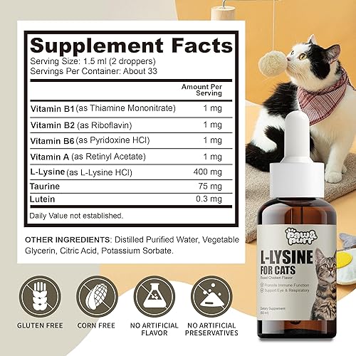 Miniatura 7 de Suplemento de L-lisina para gatos, gotas líquidas de L-lisina para gatitos con vitaminas taurina, apoyo inmunológico, respiratorio felino,