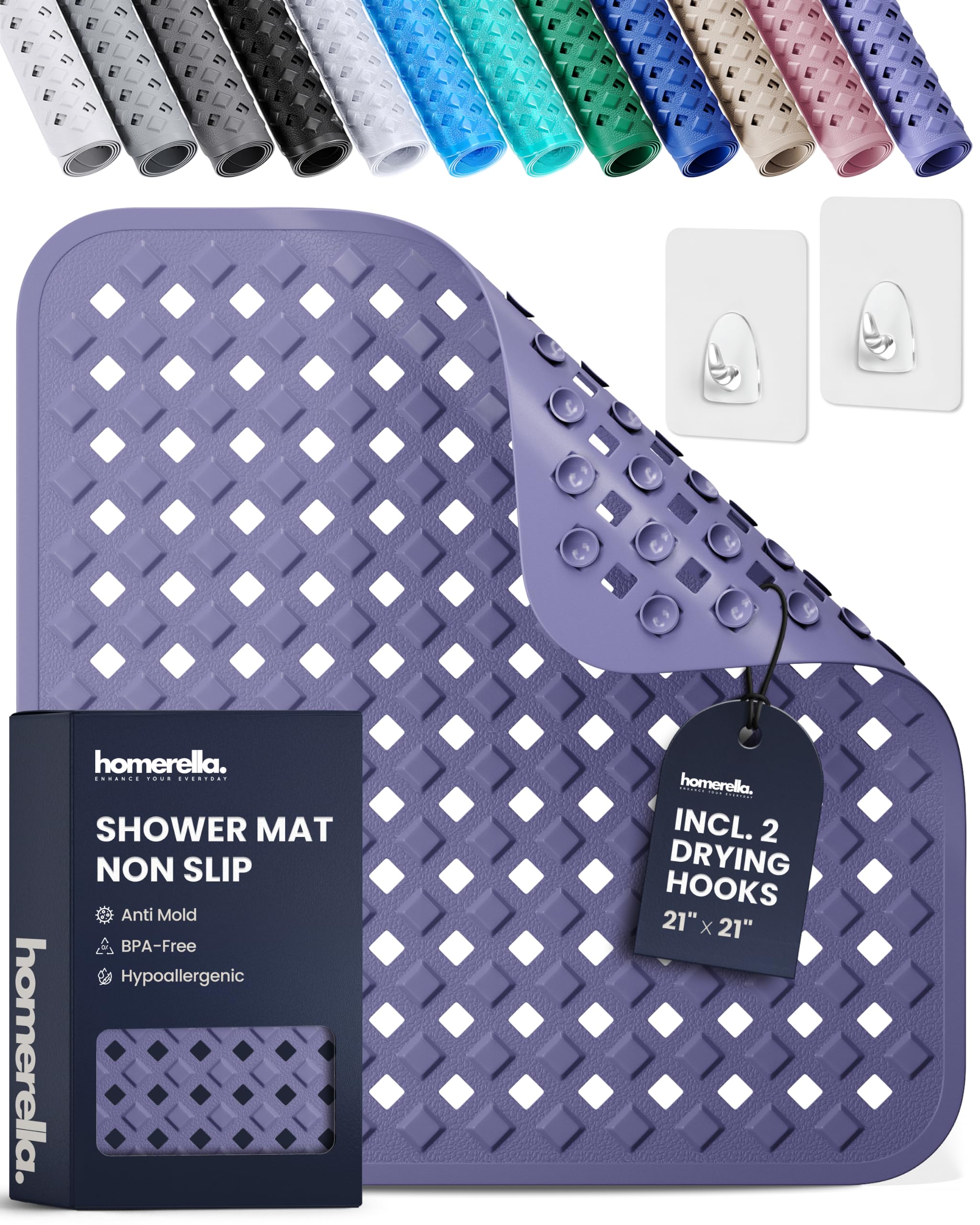 homerella Square Shower Mat Non Slip Anti Mold 21x21 Anti Slip Shower Mat