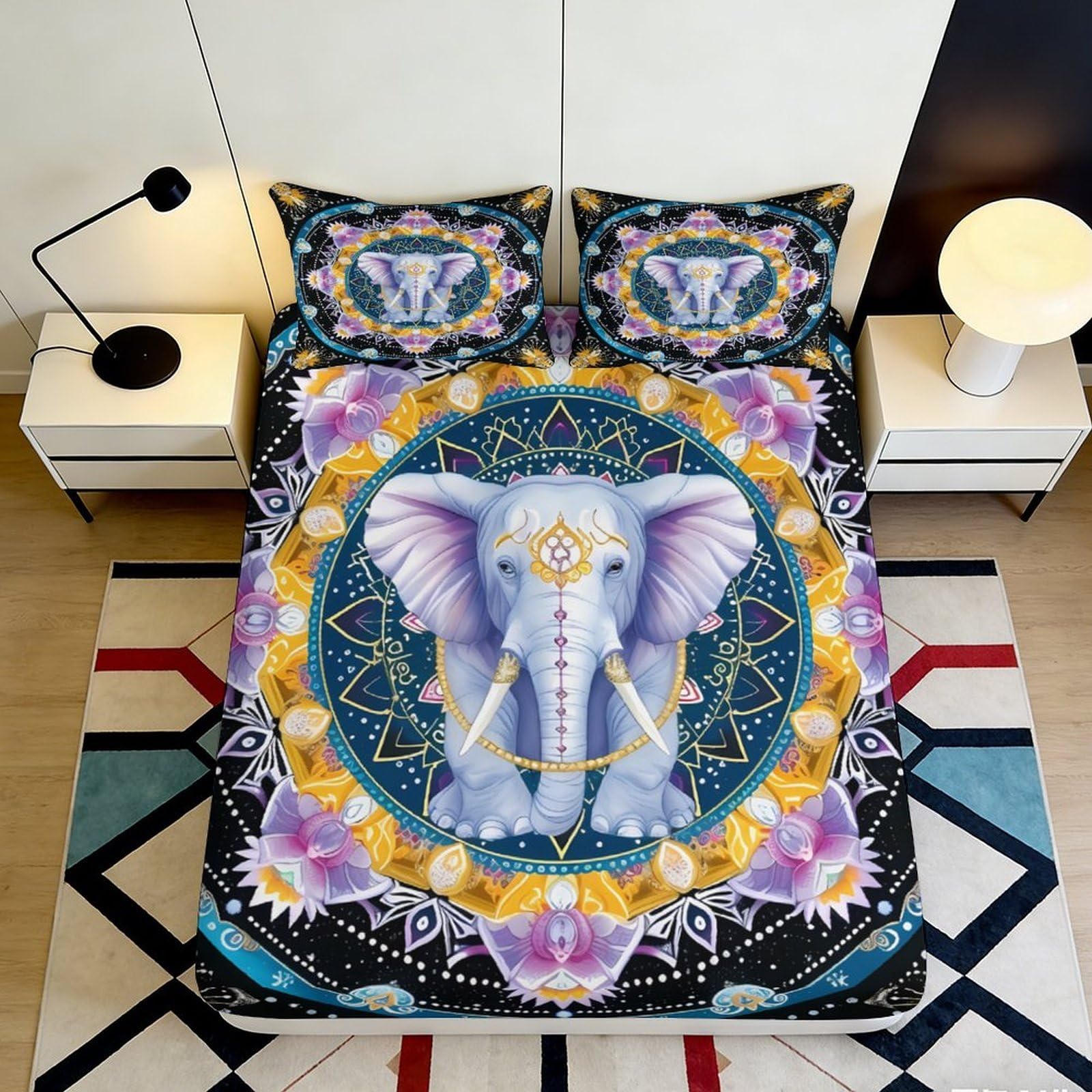 3D Printed Mandala Elephant Fitted Sheet Microfiber Deep Pocket Non-Slip Mandala Elephant Mattress Fitted Cover Bedroom 180x200x25cm