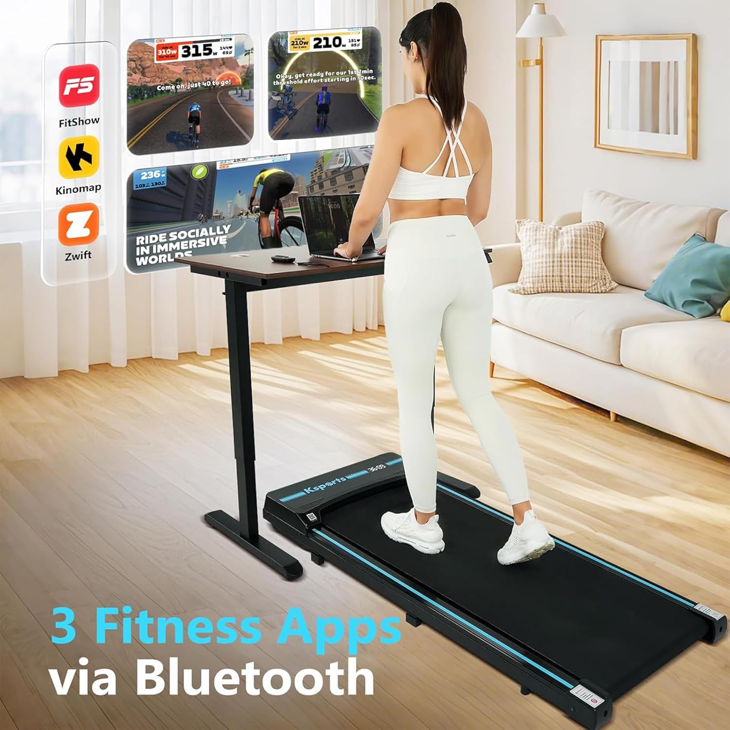 Ksports Walking Pad & Folding Treadmill – 2.5HP, Sit-Ups Mat, Bluetooth App, Portable Wheels | Incline, Desk, Dual Displays, 308 lbs & 265lbs Capacity image 6