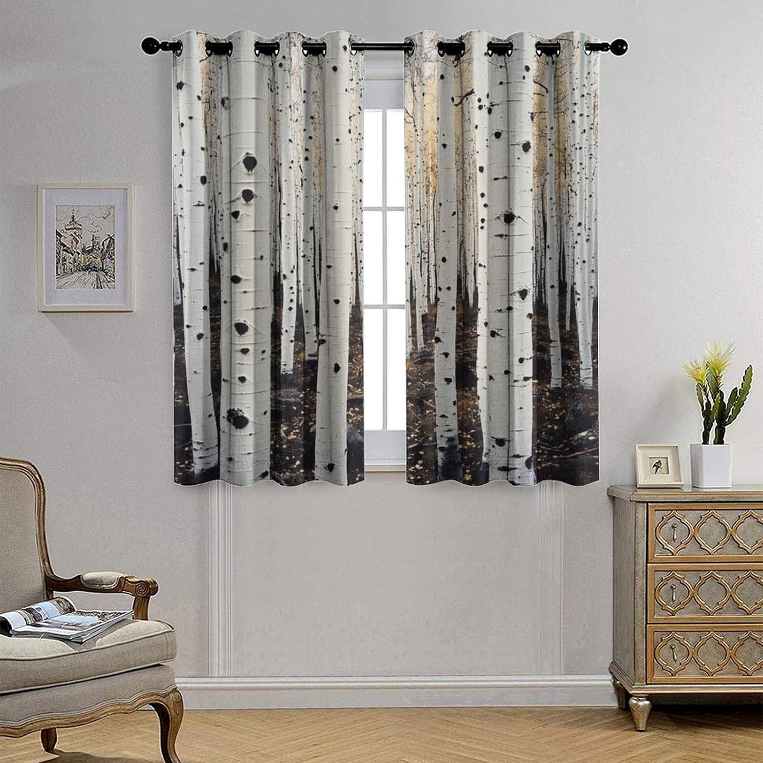 White Birch Tree Grommet Blackout Curtains for Bedroom, Forest Nature Landscape Thermal Insulated Curtains Room Darkening Window Drapes, 36W x 63L, 2 Panels