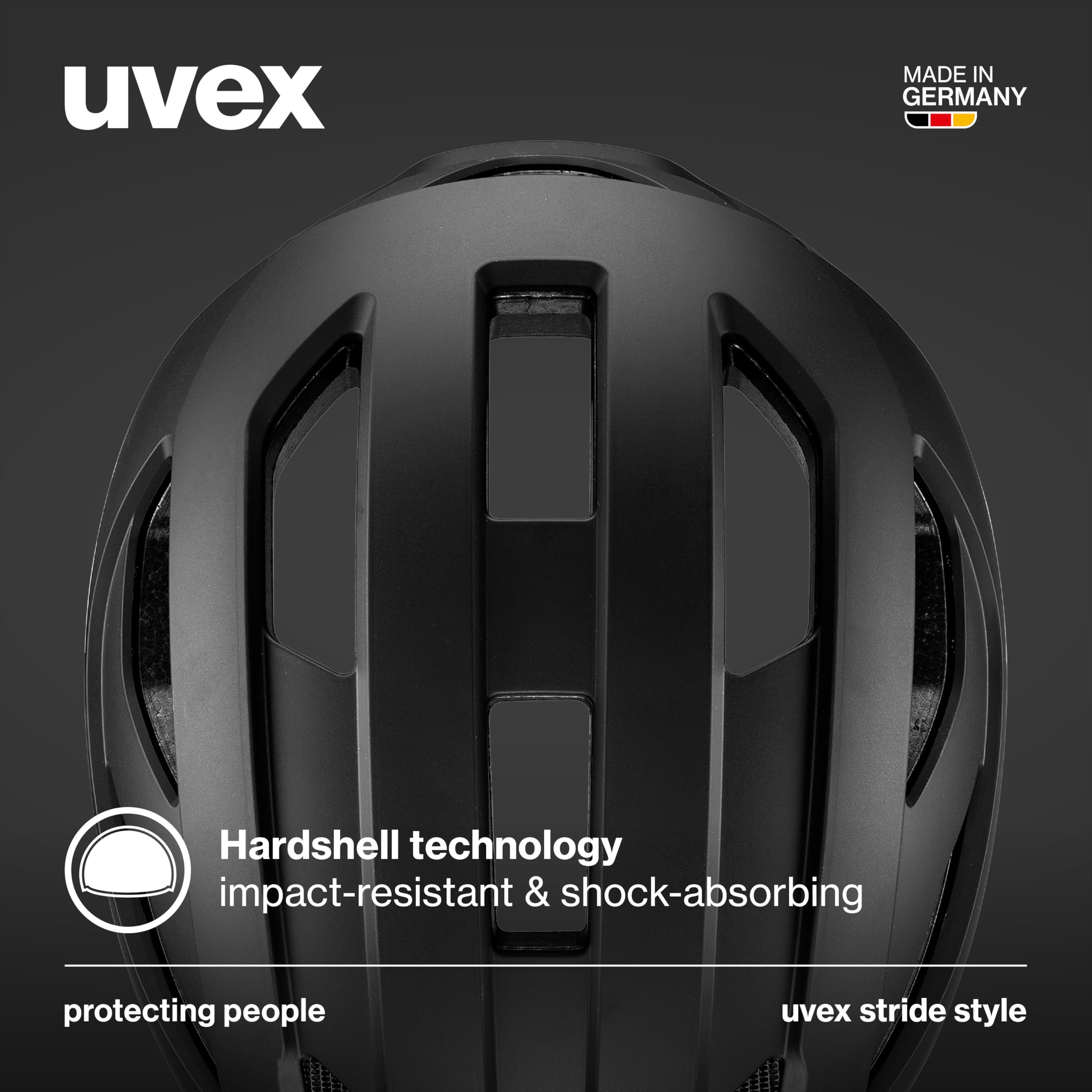uvex stride style - wytrzymały kask do jazdy miejskiej unisex - indywidualna regulacja wielkości - możliwość zainstalowania światła LED - black matt - 59-61 cm