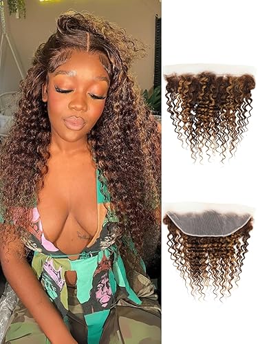 Vista 45 de Cierre de encaje profundo con reflejos rubio miel, 100% hecho a mano, 12A, brasileño virgen, 4 x 4, encaje transparente de alta definición