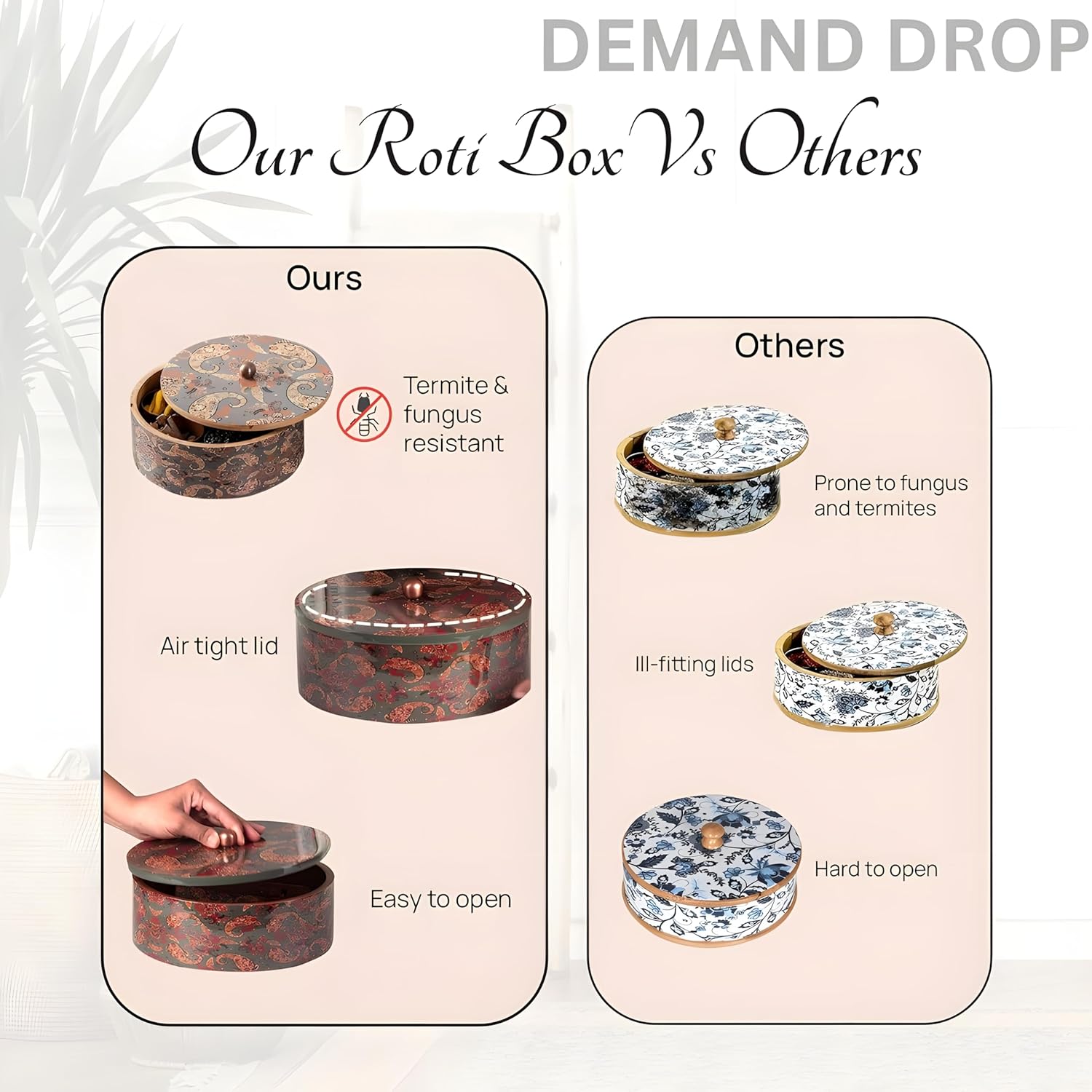 Gold Finish Wooden Roti Chapati Box with Tong – Airtight Storage Container for Kitchen | Made in India Chapati Holder | Elegant Bread Storage Dabba