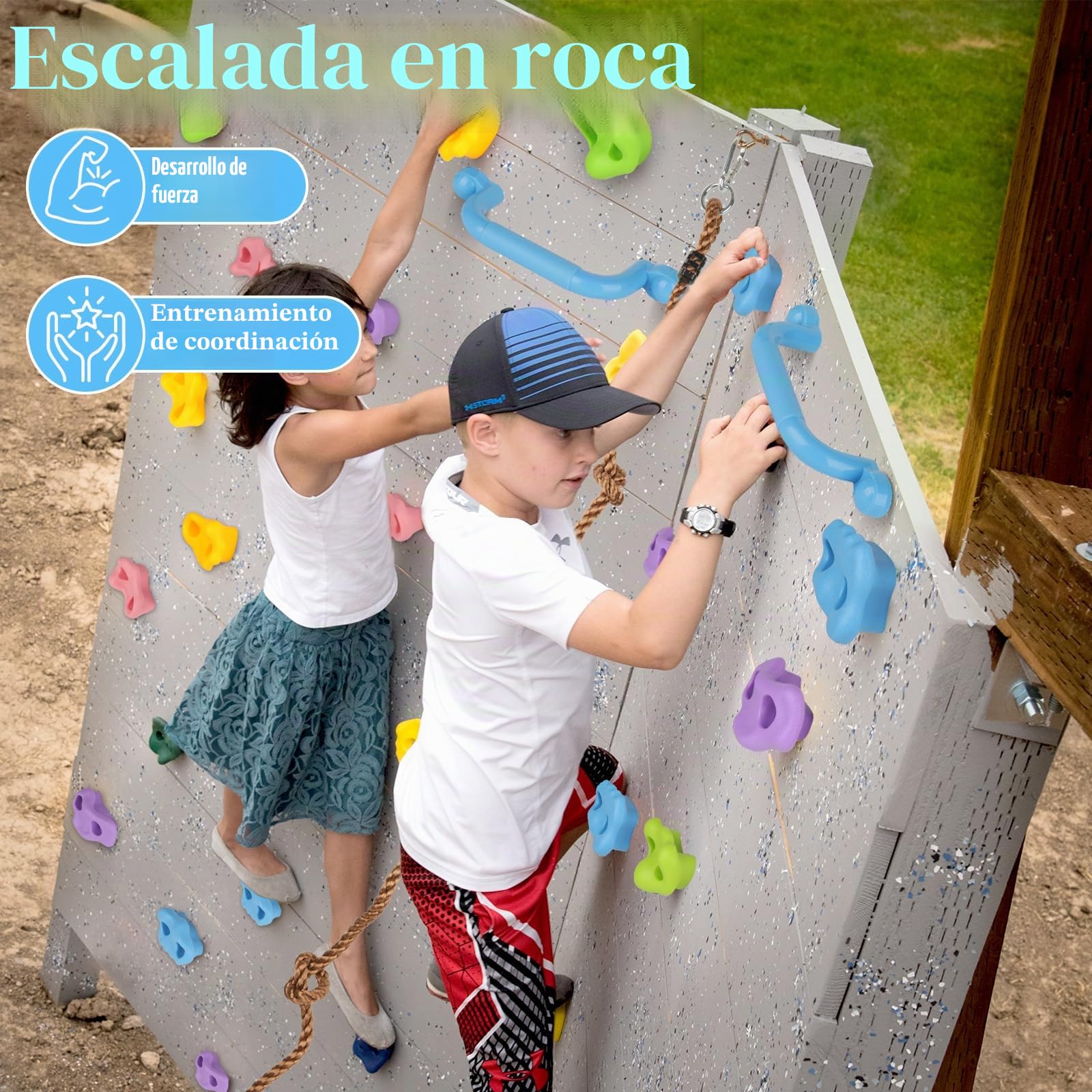 20 Piezas Presas Escalada Niños, Piedras escalada al Aire Libre | Soportes Escalada Accesorios con 270 cm Cuerda Escalada Anudada y 2 Agarraderas Verdes para Juegos Infantiles Interior y Exterior