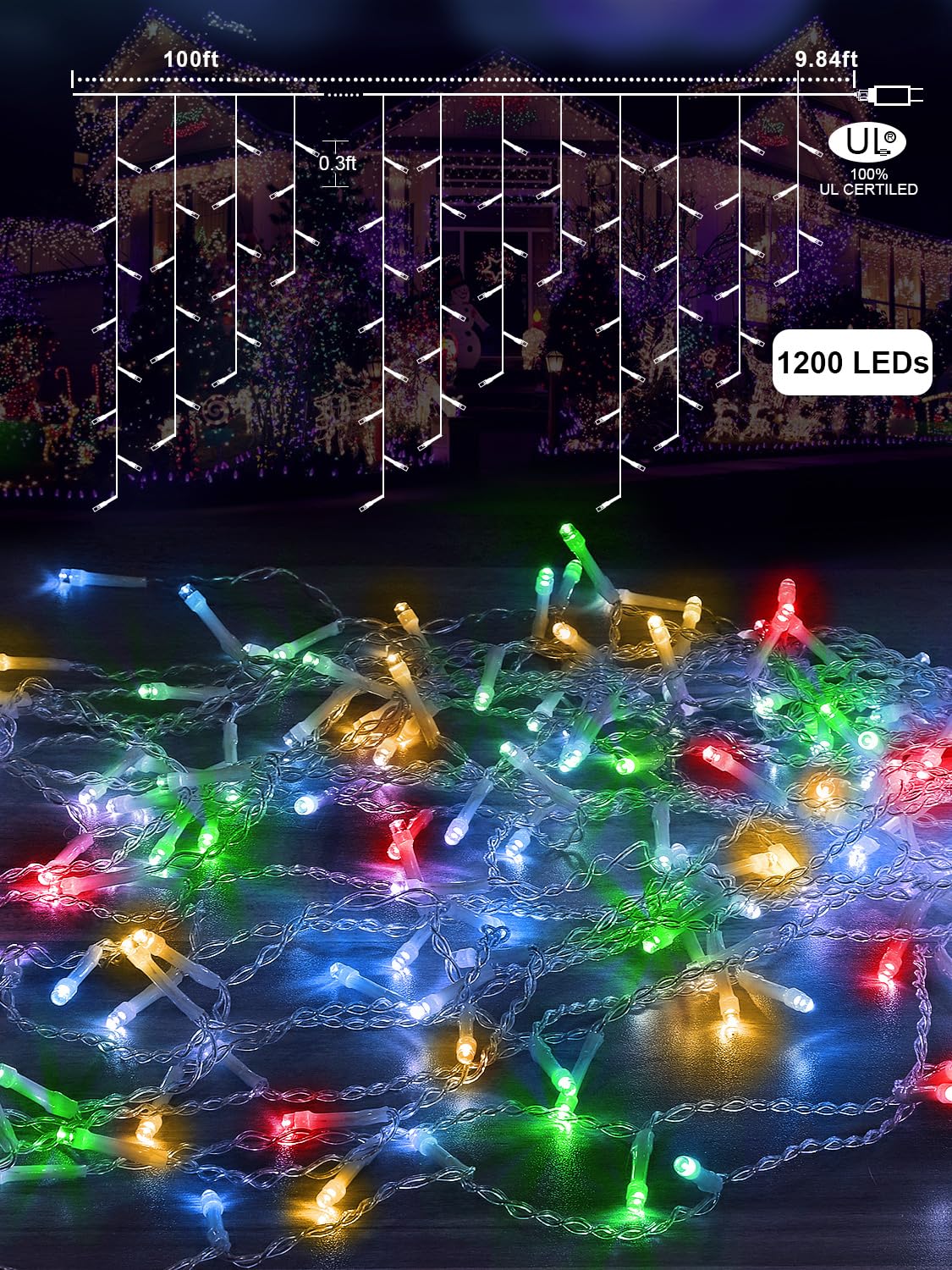 ARKOCHIC 30M Luci Natale Esterno Cascata, 1200 LED Tenda Luminosa Colorato, Luci Natalizie da Esterno con Telecomando, 8 Modalità, Luci Decorazione Natale per Feste, Finestra, Balcone