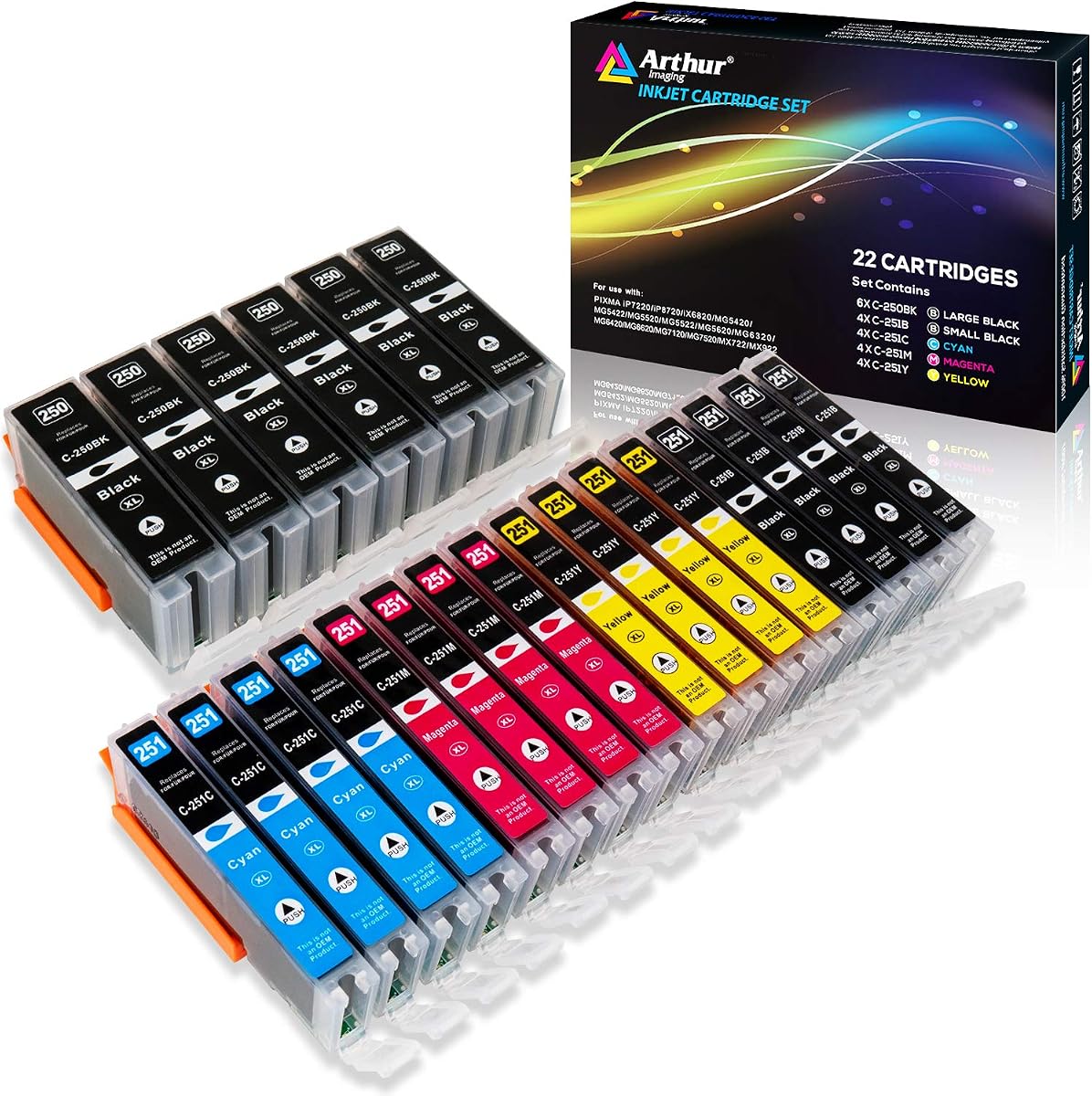 Compatible Ink Cartridge Replacement for Canon Pgi-250Xl CLI-251XL for Use with Pixma MX922 MG5520 (6 Large Black, 4 Small Black, 4 Cyan, 4 Yellow, 4 Magenta, 22-Pack)