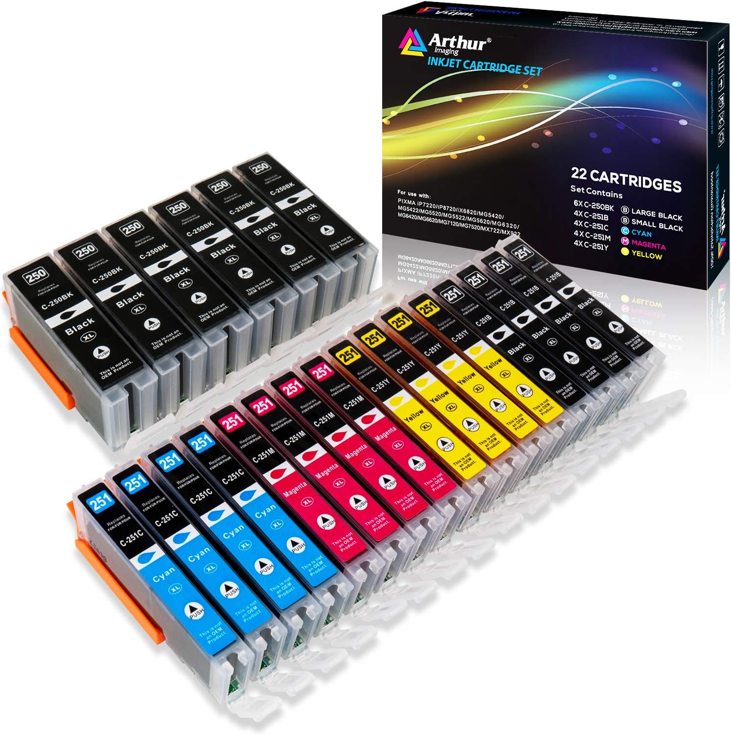 Compatible Ink Cartridge Replacement for Canon Pgi-250Xl CLI-251XL for Use with Pixma MX922 MG5520 (6 Large Black, 4 Small Black, 4 Cyan, 4 Yellow, 4 Magenta, 22-Pack)