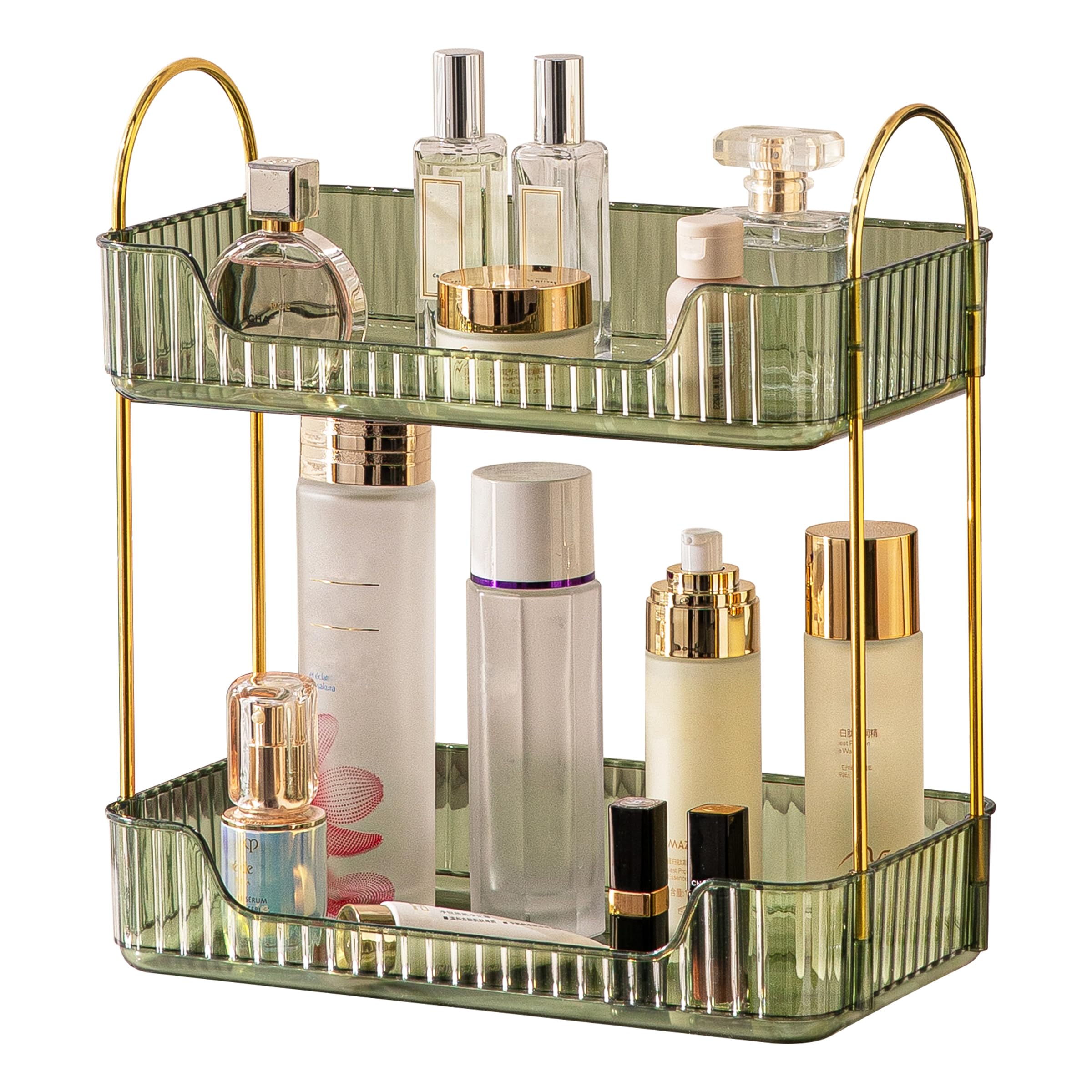 Akinbas 2 Tier Bathroom Organizer Countertop Makeup Perfume Tray Skincare Organizer for Bathroom Dresser Vanity (Green)