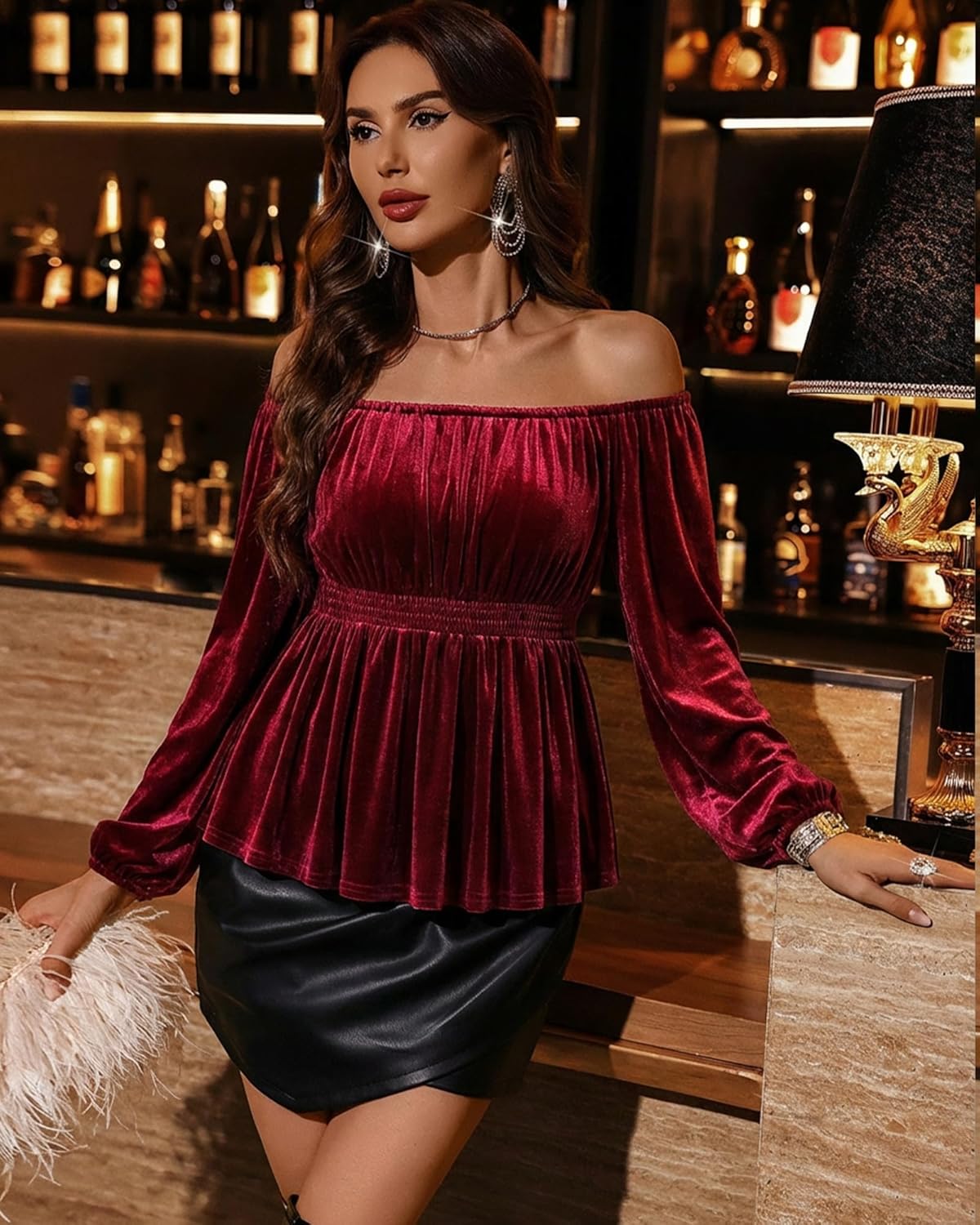 Bebonnie Womens Velvet Off The Shoulder Long Sleeve Sexy Elegant Evening Tops Peplum Dressy Blouses