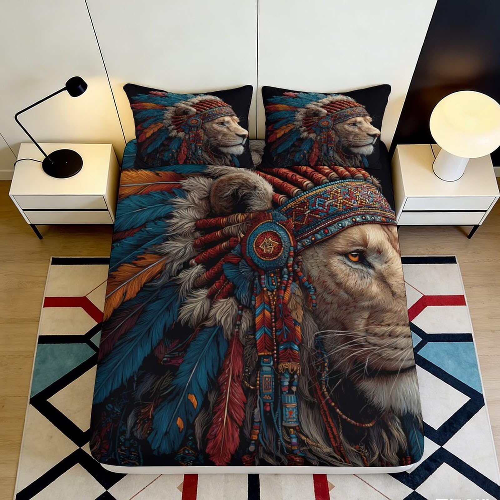 3D Printed Native American Lion Feather Pattern Fitted Sheet Microfiber Soft Durable 3D Printed Tribal Headdress Bed Sheet for Bedroom Dormitory Guest Room 200x200x25cm