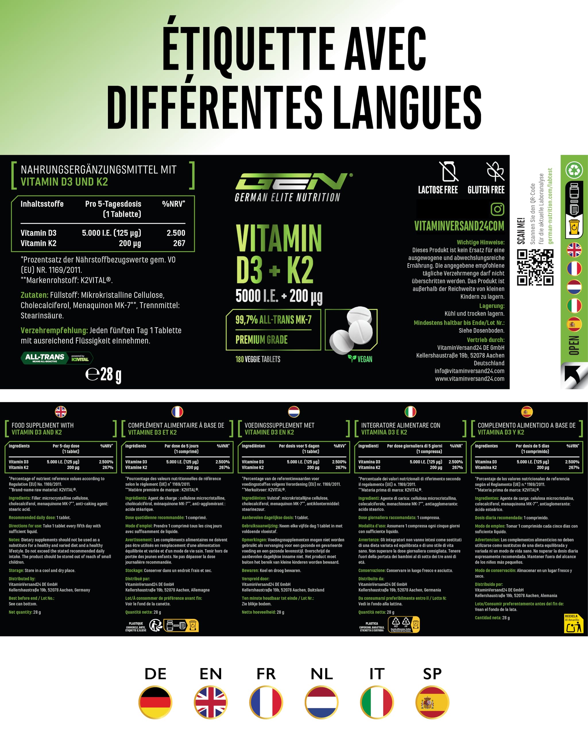 Vitamine D3 + K2 Depot - 180 comprimés avec 5000 UI de D3 + 200 mcg de K2 (MK7) - qualité premium : K2VITAL® de Kappa - 99,7% All-Trans K2-MK7 - végan, fortement dosé, sans additifs inutiles