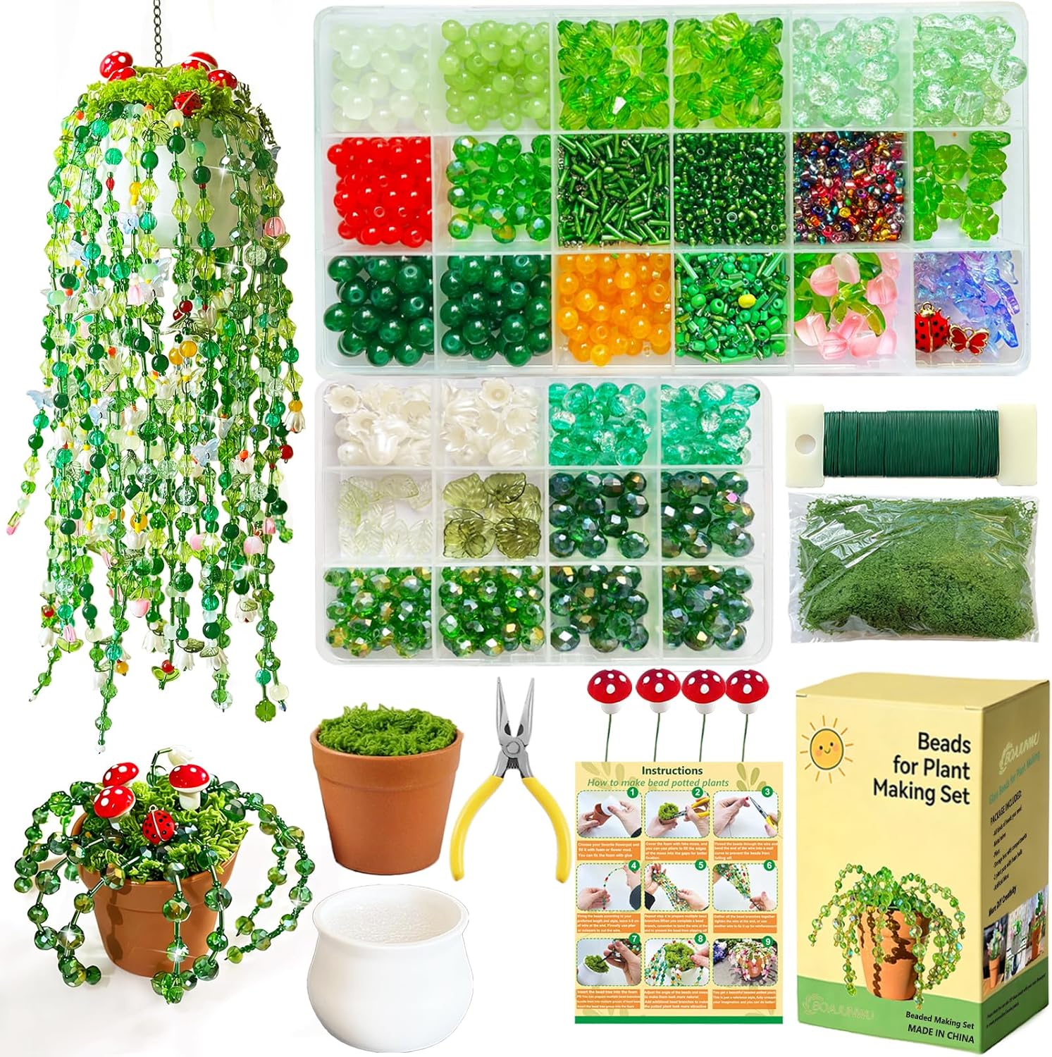 BOAJUNWU Forever Plant Kit Magnets for Fridge, Leaf Flower Beads for Beaded Plants with Mini Plant Pot, Green Beads for Jewelry Making DIY Crafts Kit Sun Catcher Lover Gifts