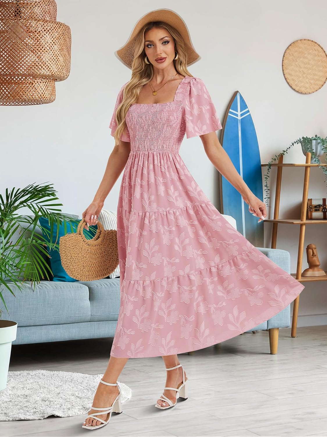 Women's Summer Dresses 2025 Casual Maxi Dresses Boho Floral Short Sleeves Square Neck Beach Vacation with Pockets - Image 2