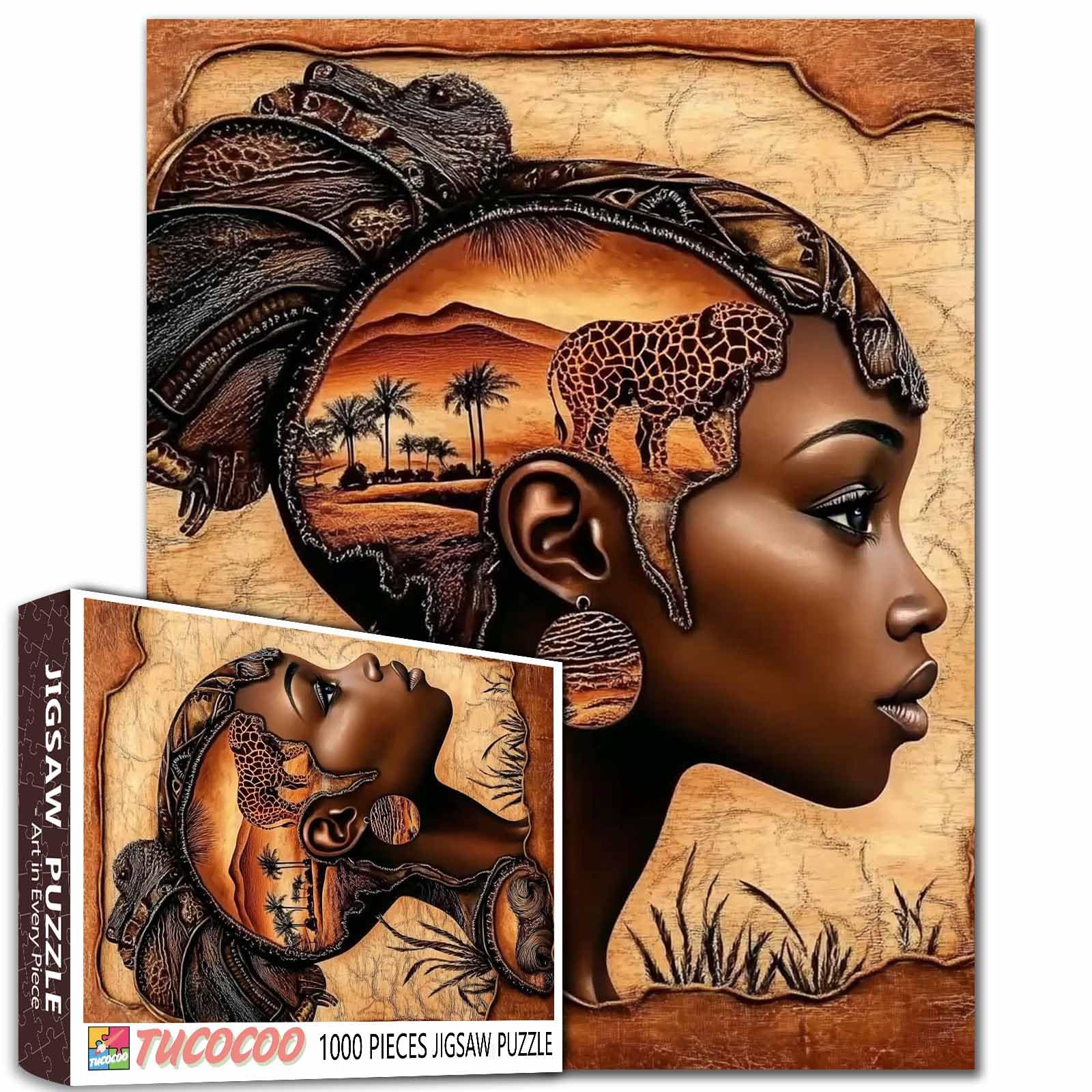African Woman Portrait Puzzle 1000 Pieces for Adults Tribal Art Jigsaw Safari Elephant Wildlife Puzzles Boho Wall Art Picture Perfect for Families Party Game Gifts — image 1