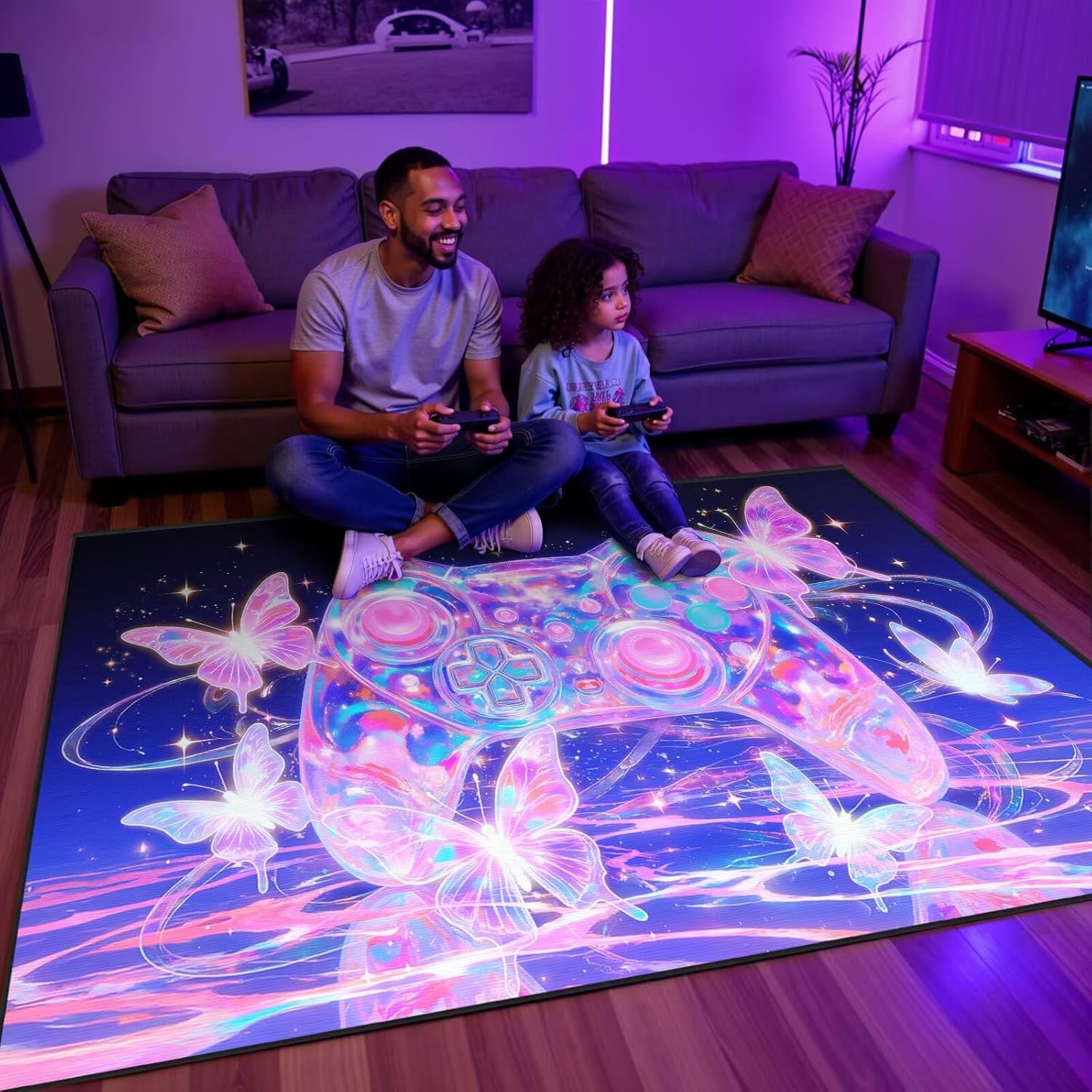 Dreamy Butterfly Rugs for Girls Room Gaming Rug 4x6 ft Gaming Room Decor Gamer Area Rug Non-Slip Gaming Floor Mat Purple-Pink Kids Carpet for Bedroom, Livingroom,Playroom & Apartment